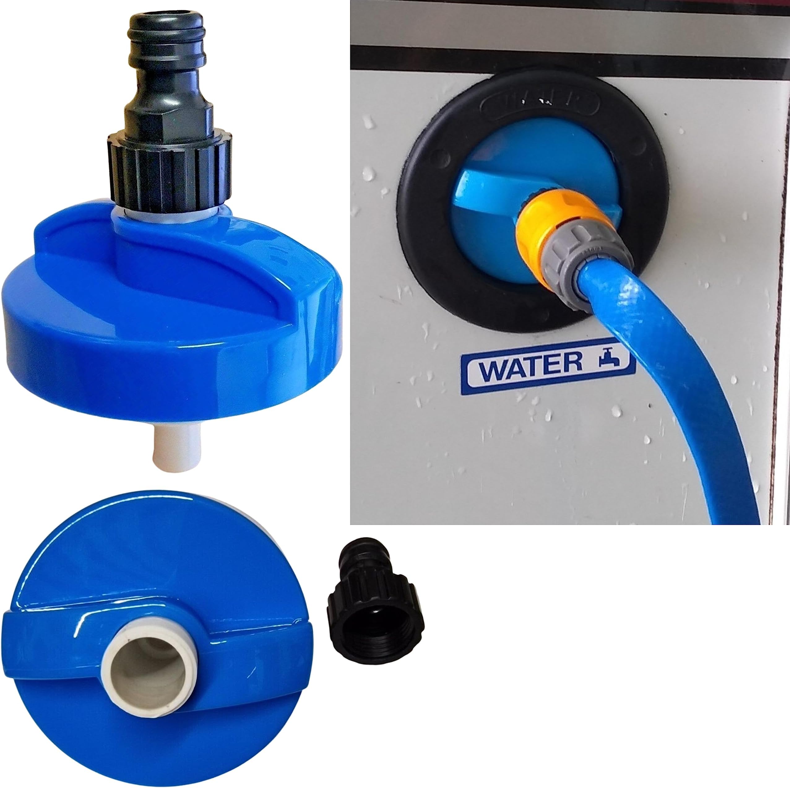 BAAZ Rheinland Motorhome Water Filler Cap with Hose Connector - Campervan & Caravan Accessories UK - Built in Overpressure Valve For The Cold Water System - 55mm Inlet with Water Cap Diameter: 7.9cm
