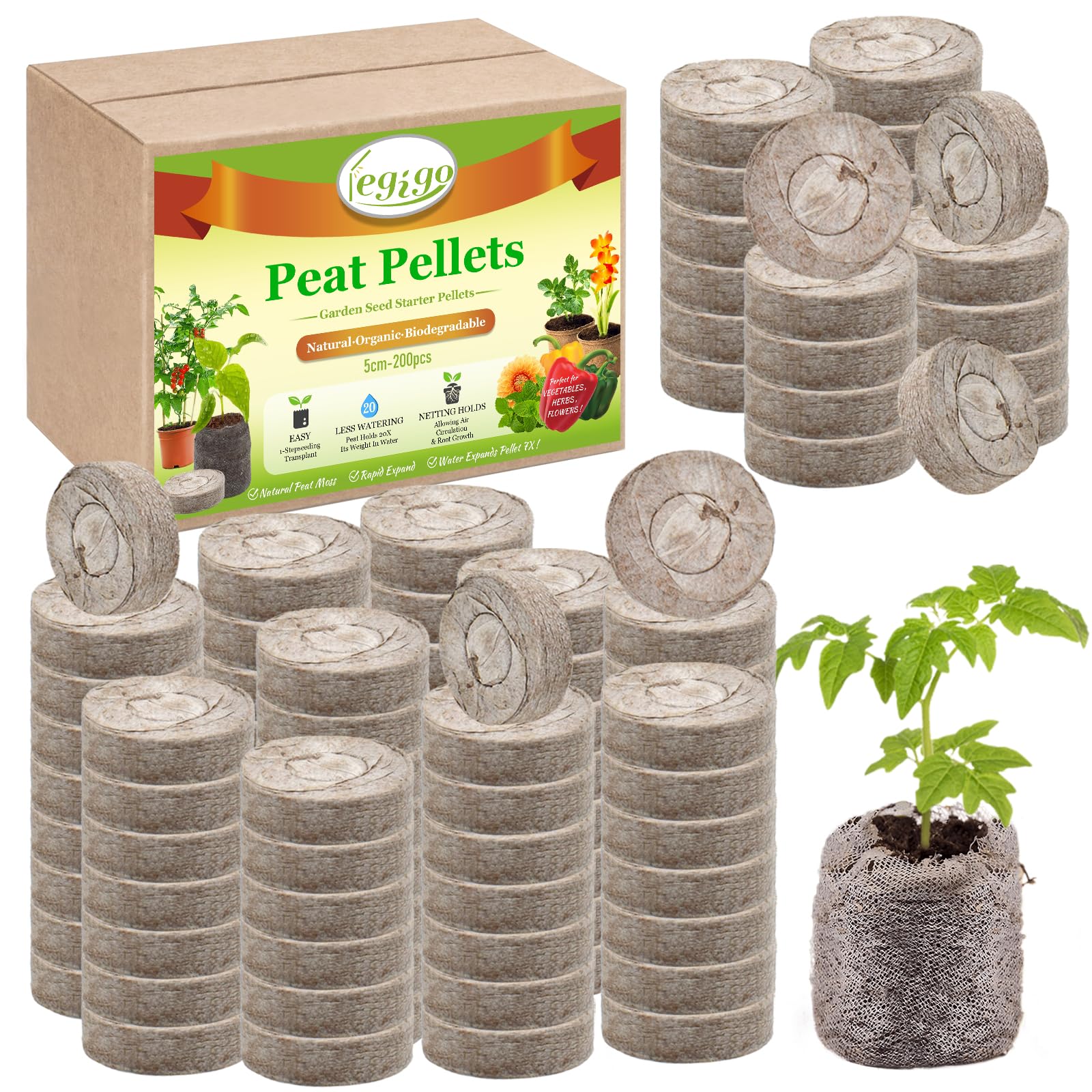 Legigo 200 Pcs 50mm Seed Starter Peat Pellets Pods for Seedlings- Compressed Seed Starting Pellets Seed Starter Pods Plugs Soil Peat Pods for Starting Seeds, Garden Planting Herb Flower Vegetables