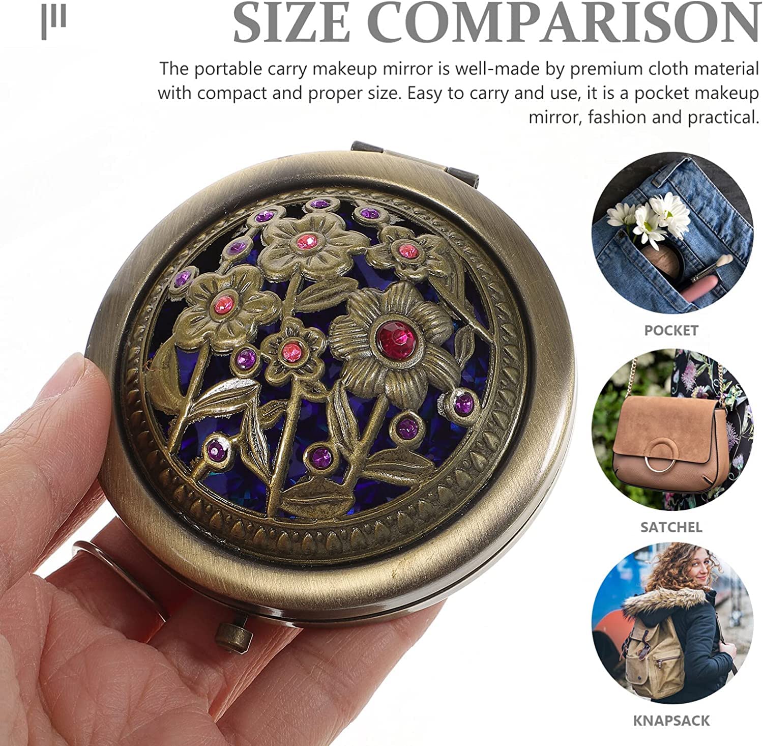 we3 Double Layer Travel Makeup Mirror, Round Compact Portable Cosmetic Mirror, Double Sided Magnifying Handheld Pocket (Random Style) (Pack of 1) - Image 3 thumbnail