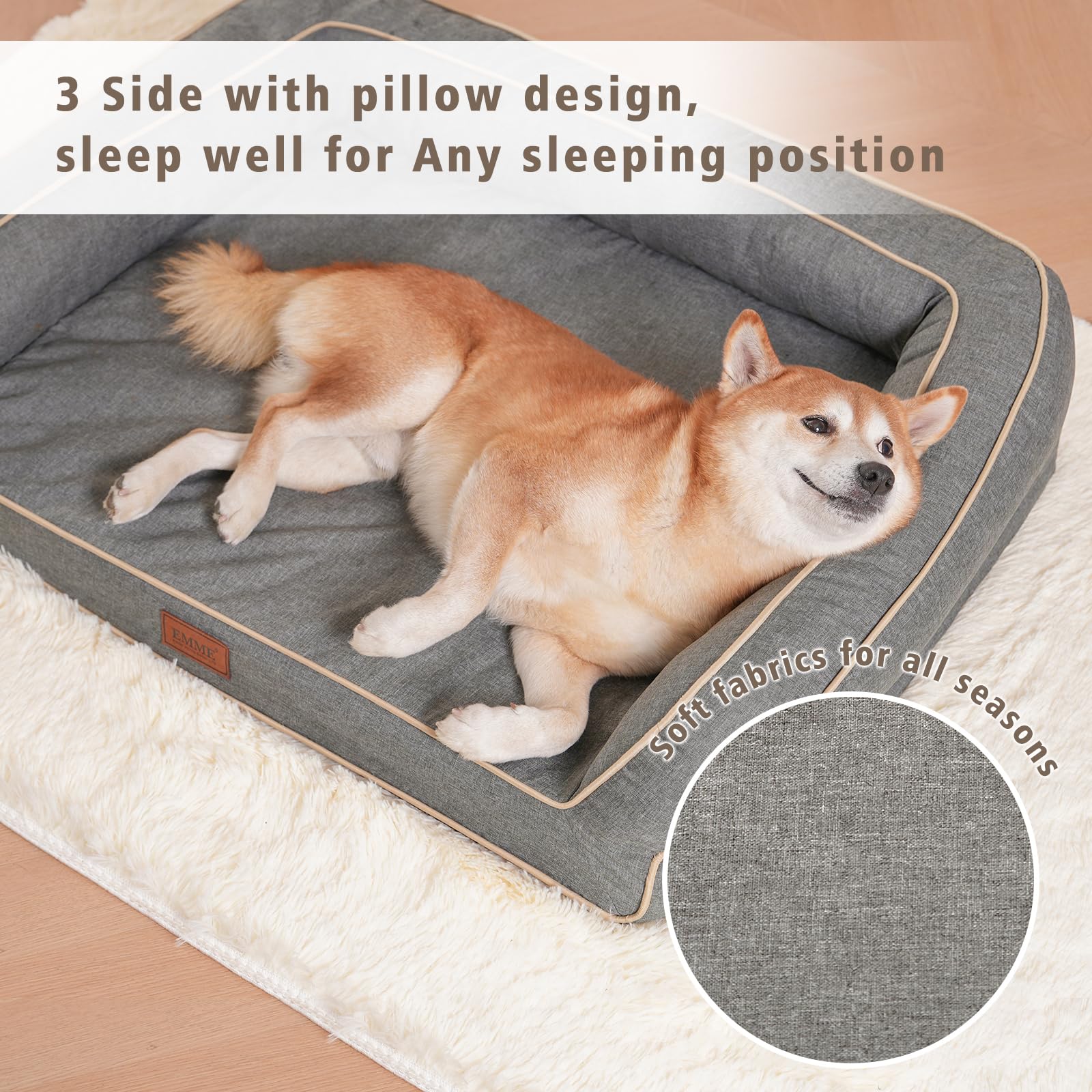 EMME Lettini per cani e cuccioli di piccola taglia, lavabili di medie dimensioni, 68,6 x 50,8 x 17,8 cm, divano impermeabile, schiuma ortopedica a forma di uovo, fodera in lino grigio rimovibile
