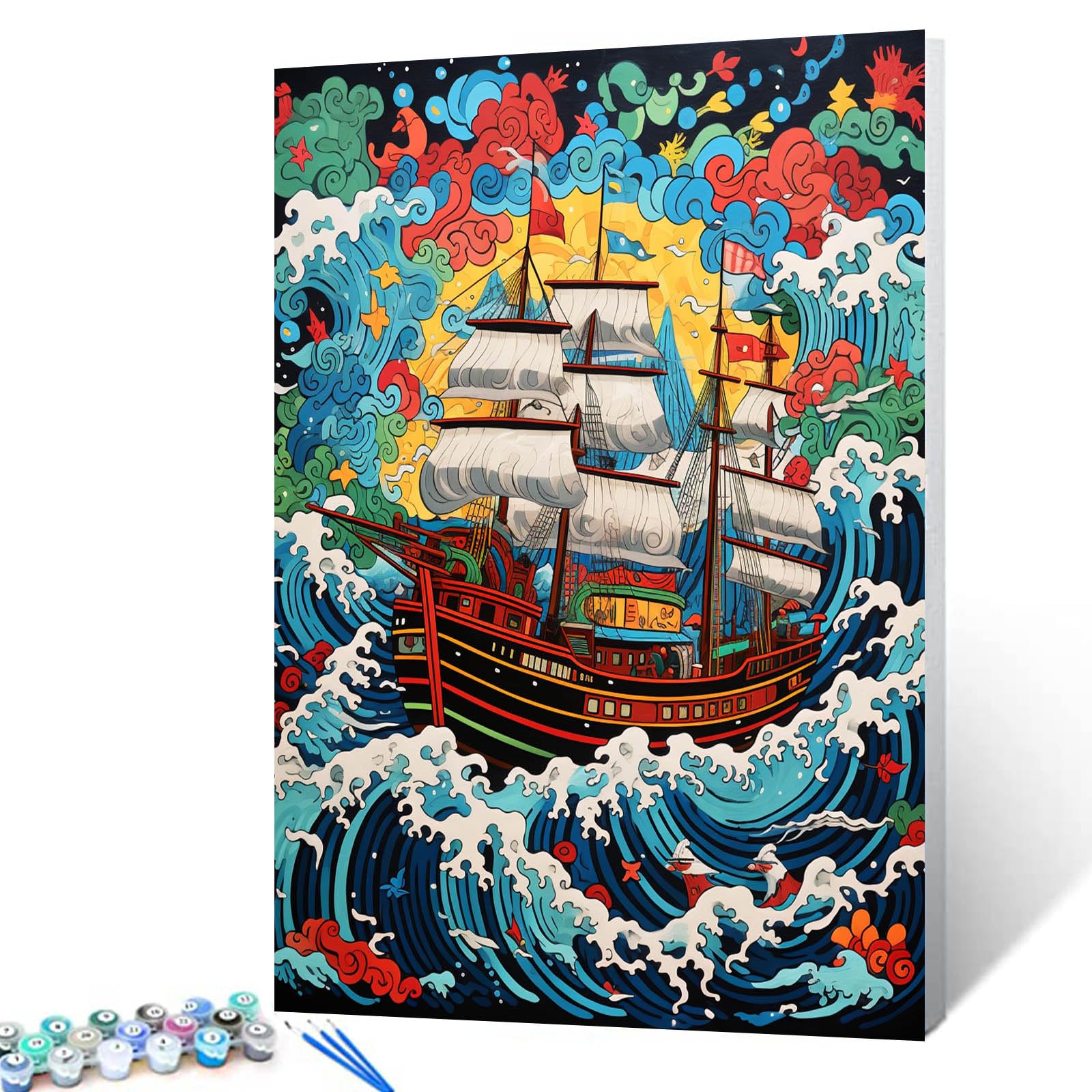 Sailship in Waves Oil Painting Graffitic Canvas Boat Tropical Seascape DIY Paint by Numbers Set for Beginners Home Wall Decor 16''Wx20''H inch Gift(DIY Frame)