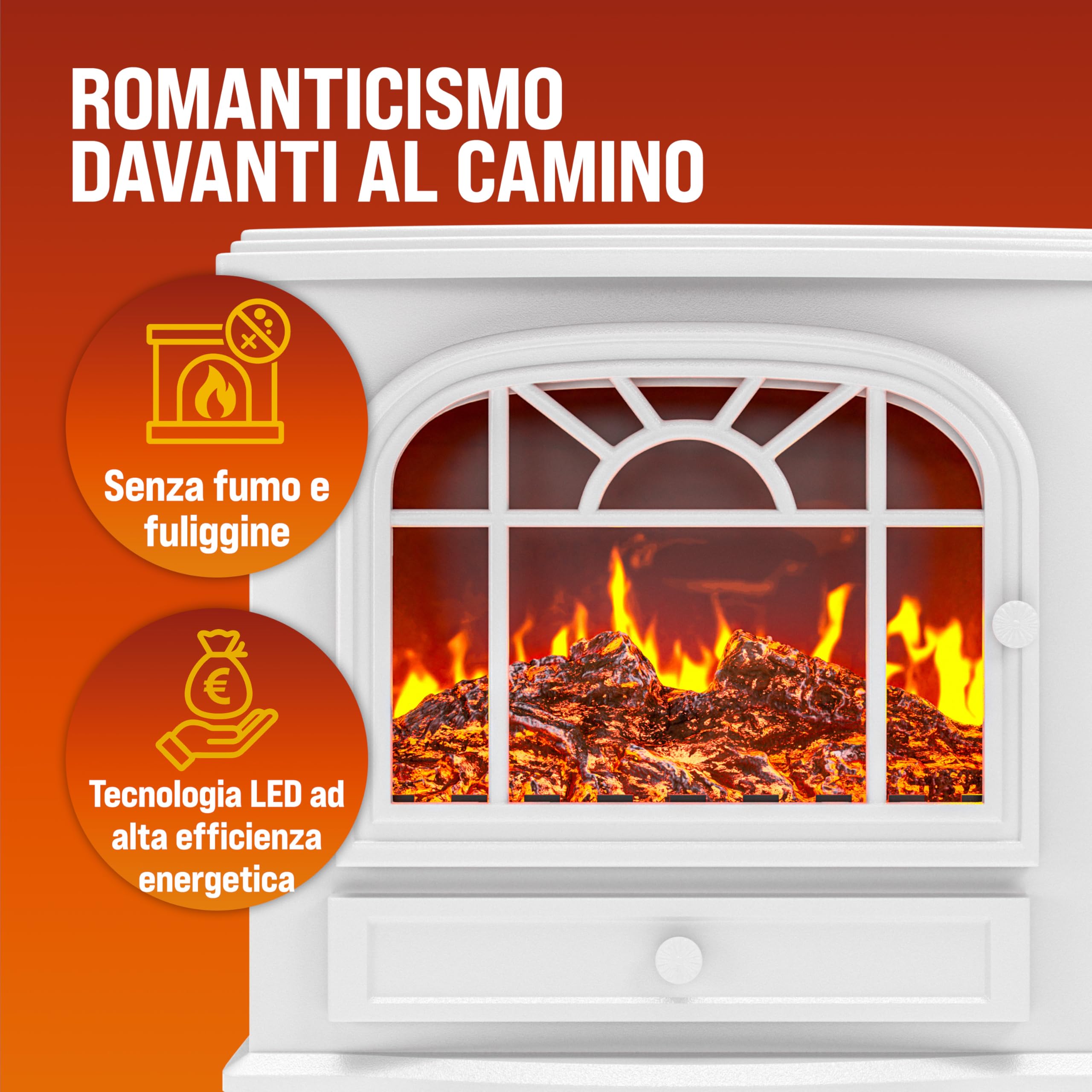 DEUBA® Camino Elettrico 2000W 60x28x50cm Termocamino Luce LED Effetto Fiamma Stufa Elettrica Caminetto finto a Corrente Stile Antico Bianco