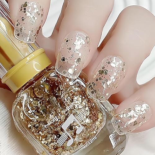 NovaCharm Gold Glitter Nail Polish Quick Dry, 12ML Clear Glitter