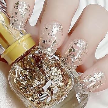 NovaCharm Gold Glitter Nail Polish Quick Dry, 12ML Clear Glitter Nail Polish with Chunky Gold & Silver Flakes, Air Dry Shimmer Nailpolish for Nail Art, No UV Lamp Needed