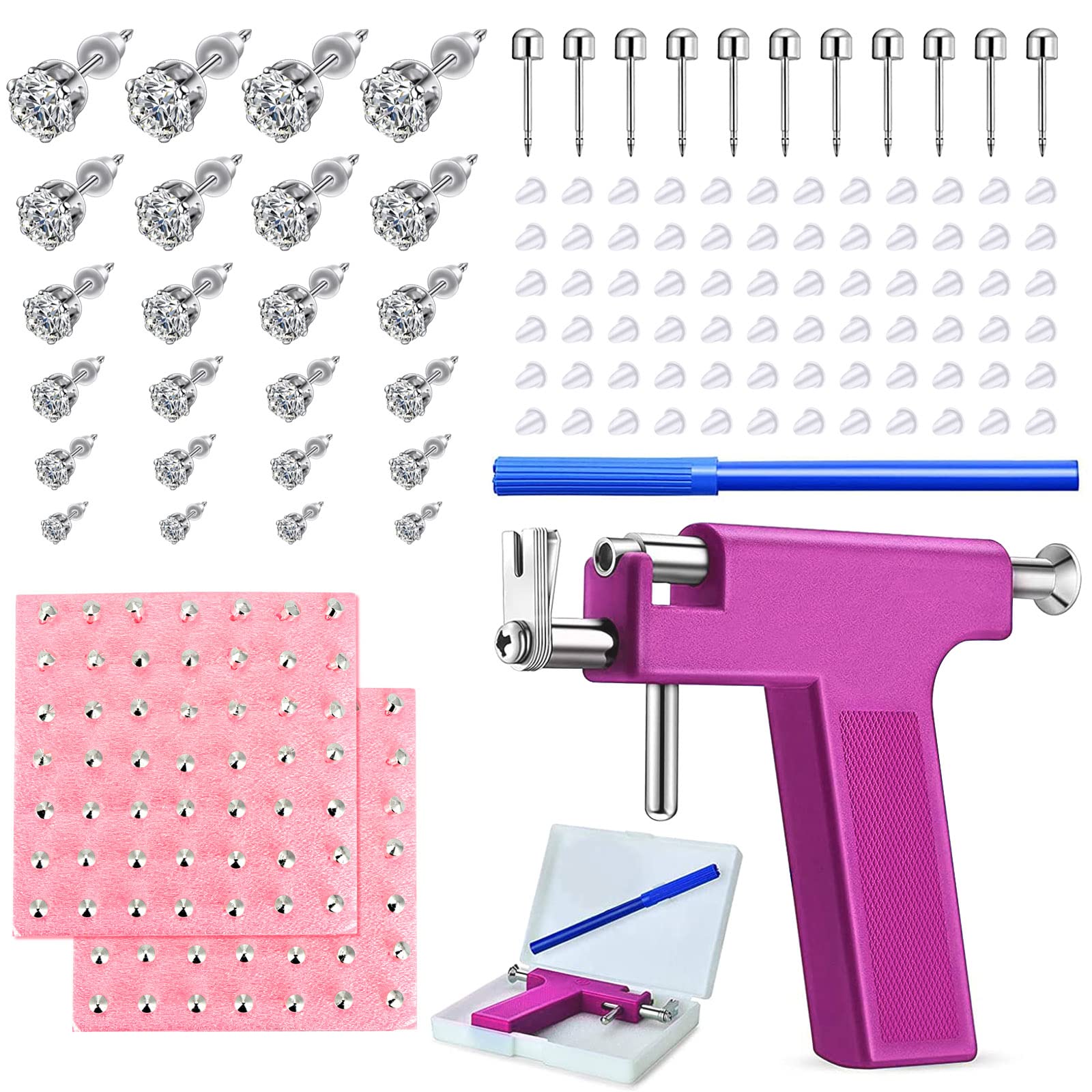 Longbeauty Juego de 224 pistolas perforadoras de acero inoxidable con arma para piercing de oreja, perno para pendientes, piercing corporal, juego de herramientas para ombligo, nariz, labio, septum,