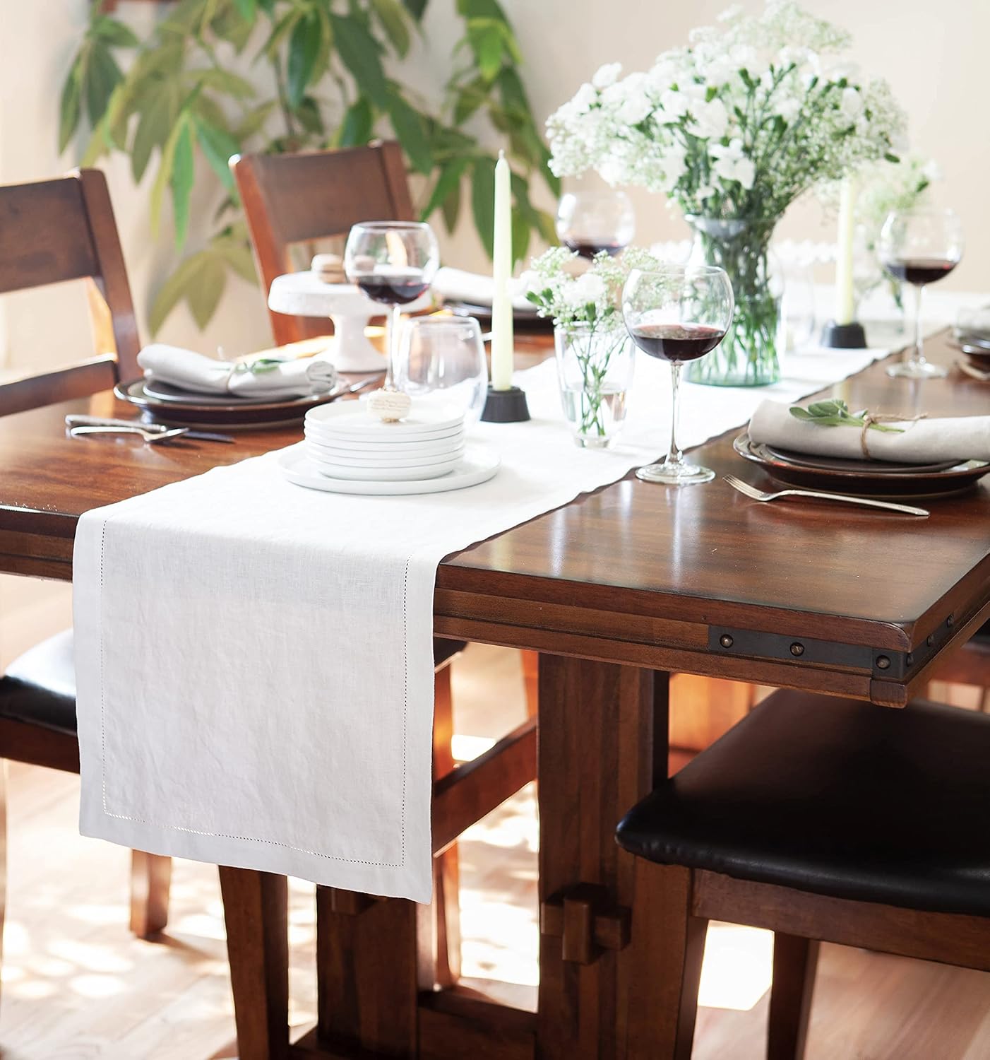 100% Flax Linen Table Runner-Medium Weight-Stonewashed Pure Linen Rustic Table Runner for Modern Farmhouse Decor- Classic Hemstitch Table Runner- 14x72 Inch-Off White