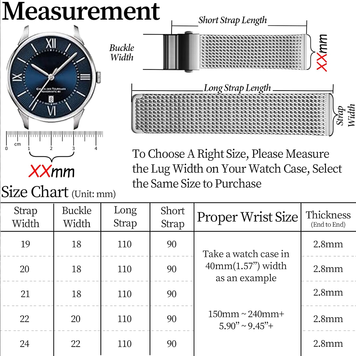 REZERO Mesh Watch Bands for Men, 316L Stainless Steel Milanese Watch Straps with Upgraded Folding Clasps, Brushed Matte Bracelets, Metal Band Replacements Silver/Black - 19/20/21/22/24mm
