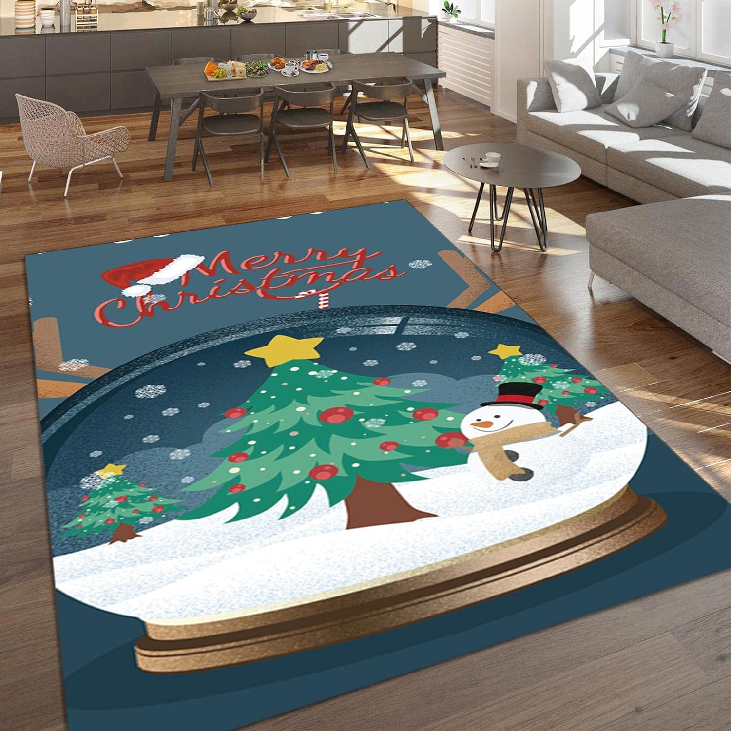 Merry Christmas Area Rug, Snowman Christmas Crystal Ball