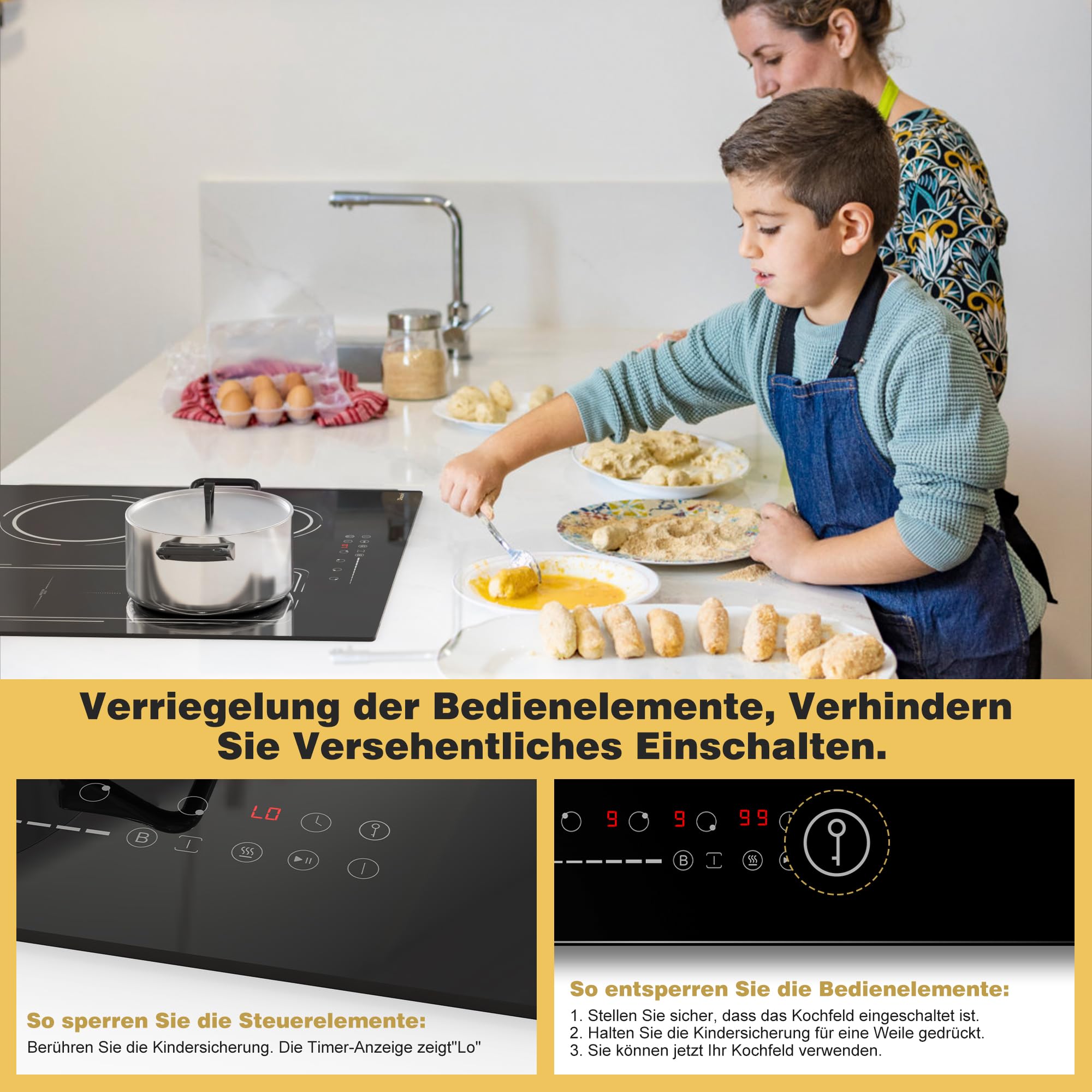 Induktionskochfeld 60 cm mit Stecker, Autark 4 Platten Einbau Kochfeld Induktion mit Flexzone, 3500W Induktionsherd mit Booster Timer Kindersicherung