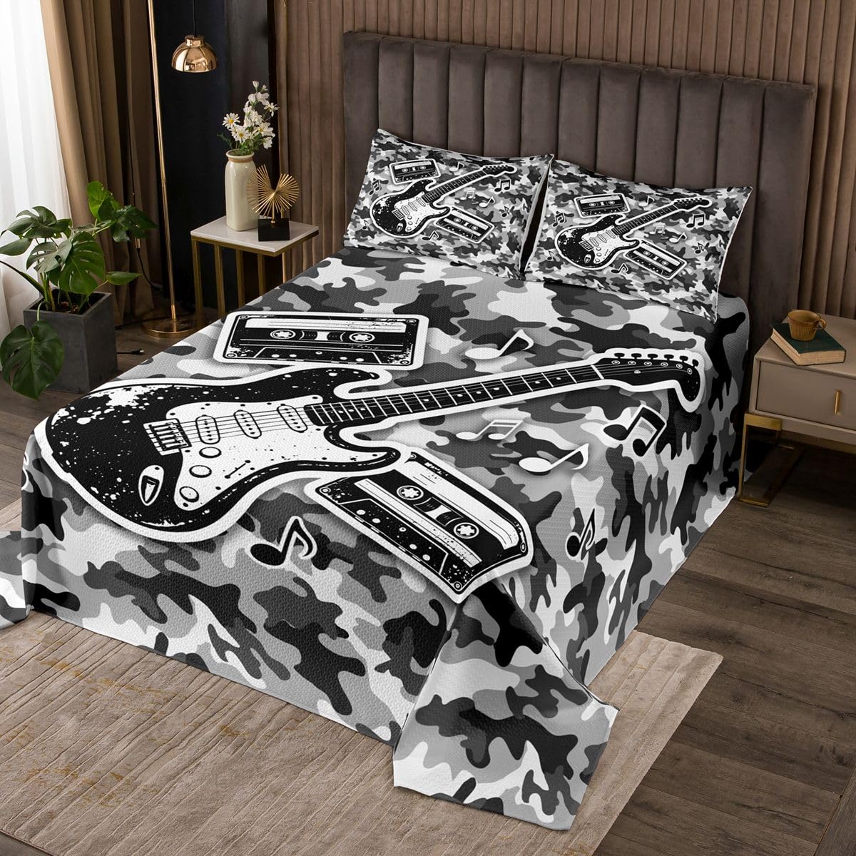 Homewish Couvre-Lit 170x230 Garçon Guitare Rock | Dessus de Lit Ado Camouflage Militaire Gris Couverture de Lit Ruban Adhésif Vintage - 1 Taie d'oreiller 51x75 Thème Musique