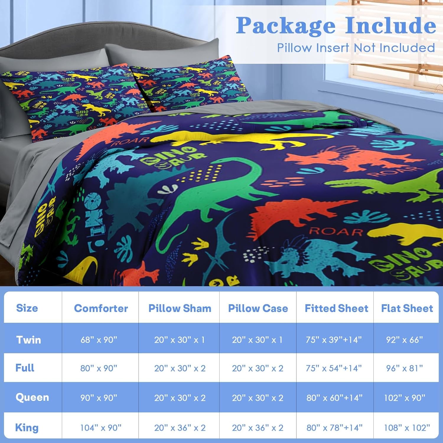 Comforter Set Full Size, Dinosaur Vintage 7 Pcs Bedding for Kids and Adults, Tropical Dino Bed Sheet Sets with Fitted Sheet 2 Pillowcase & 2 Sham for Bedroom Bed Decor - Image 6