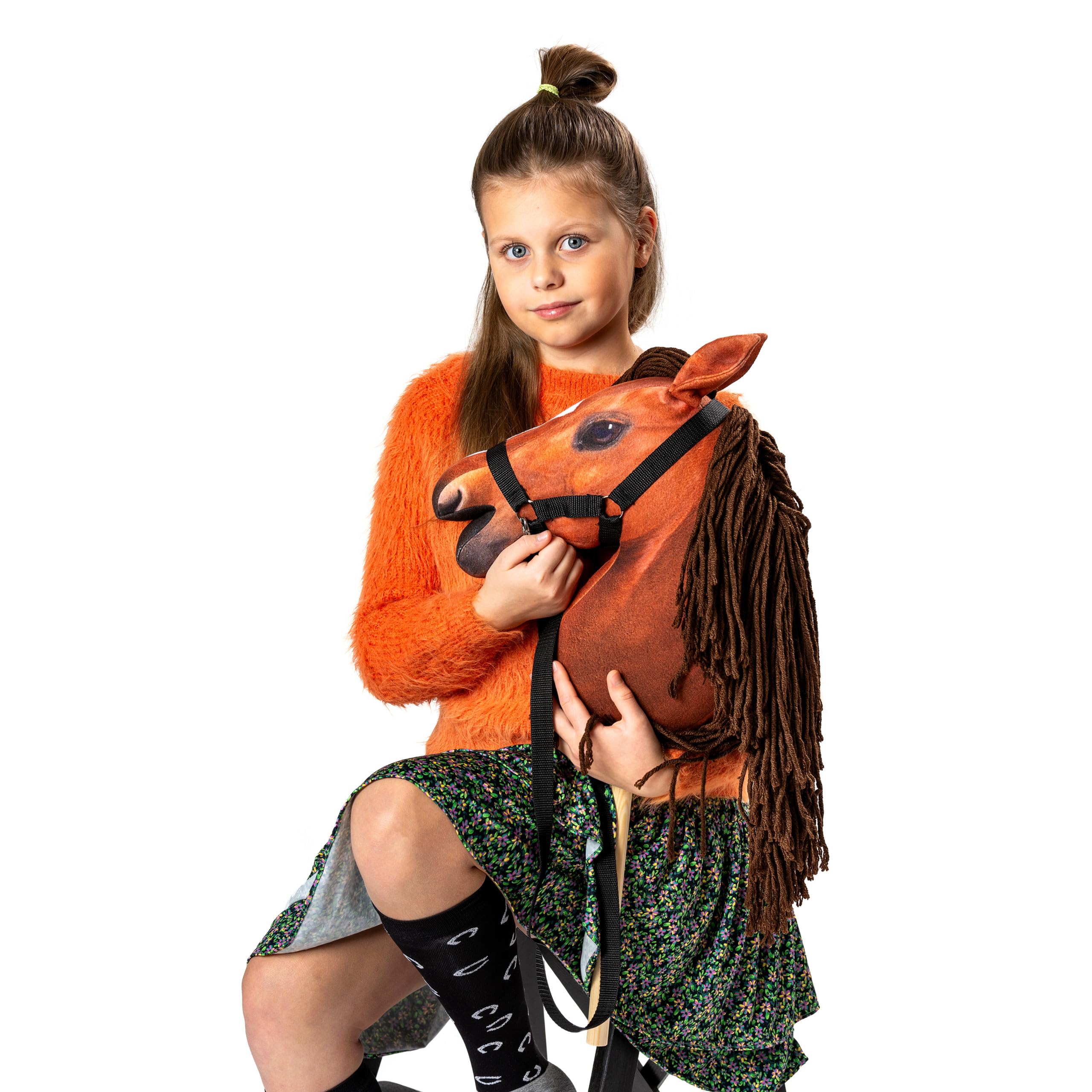 SKIPPI Hobby Horse Bursztyn, Koń na Kiju, Konik na Patyku, Duży A3, Kantar i Wodze w Zestawie, Hobby Horsing, prezent dla Dziewczynki, dla Dziecka