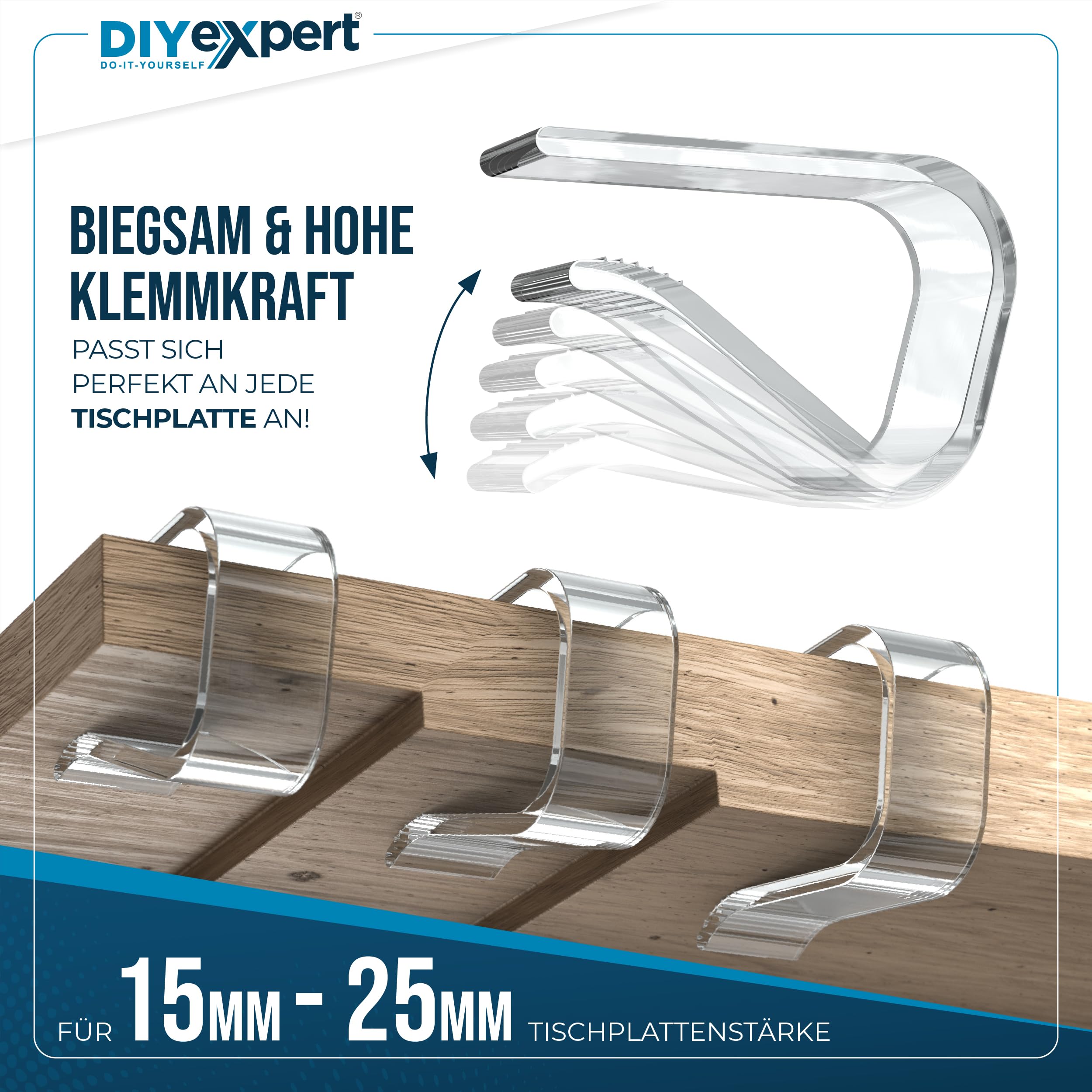 DIYexpert Mollette per tovaglia, trasparenti, prodotte in Germania, fino a 25 mm, 8 pezzi, resistenti alle intemperie e antiscivolo, mollette da tavolo per giardino, balcone e interni