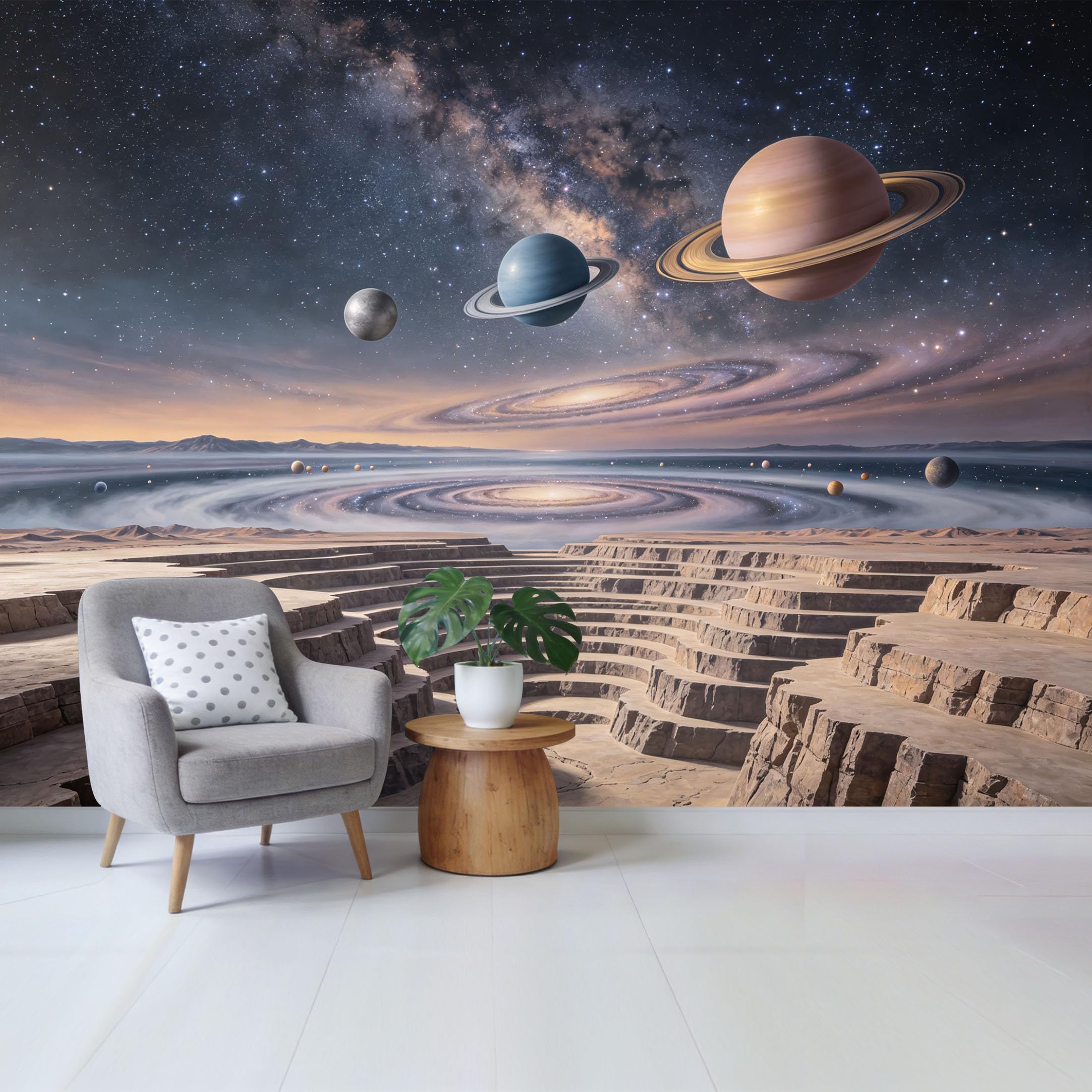 Custom Size Wall Mural Cosmic Planetary Landscape 3D Galaxy Saturn Rings Surreal Space View Removable Self Adhesive Fabric Home Wall Decor for Living Room Bedroom Bathroom