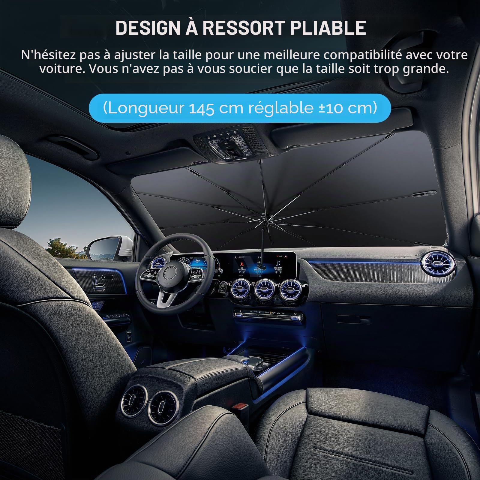 Pare-Soleil pour Pare-Brise de Voiture Pliant Pare-soleils pour Pare-Brise Avant Auto avec Coins en Cuir Anti-Rayures 145x 85 cm Protection Solaire idéale pour SUV et Tous Types de véhicules