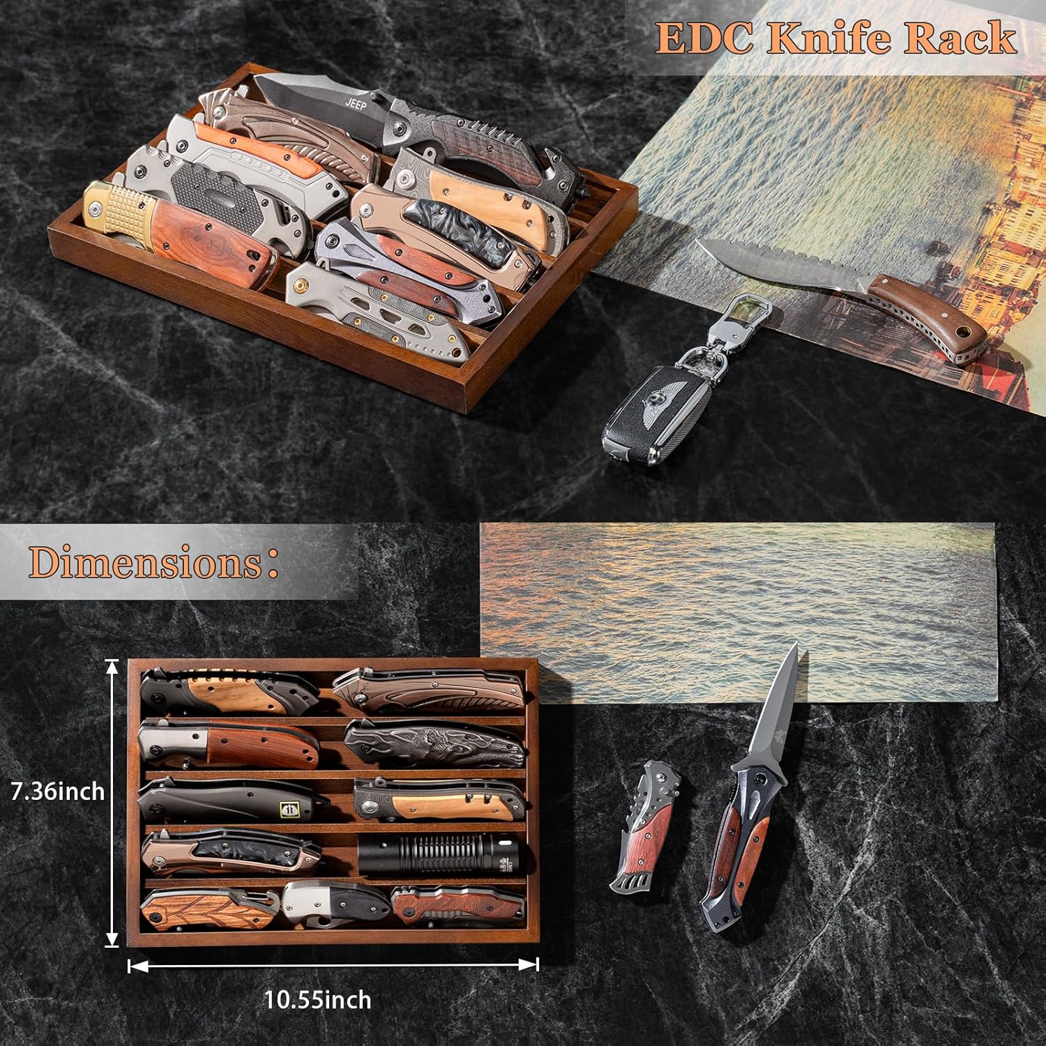 Large Pocket Knife Display Case Knife Holder for Pocket Knife Case Storage, Edc Tray Fits Edc Flashlight (Walnut,1 Pack)