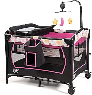 BABY JOY 4 in 1 Pack and Play, Baby Bedside Sleeper with Bassinet, 3 Adjustable Heights, Music Box, Easy to Install, Foldable Bedside Crib w/Changing Table, Playards from Newborn to Toddlers