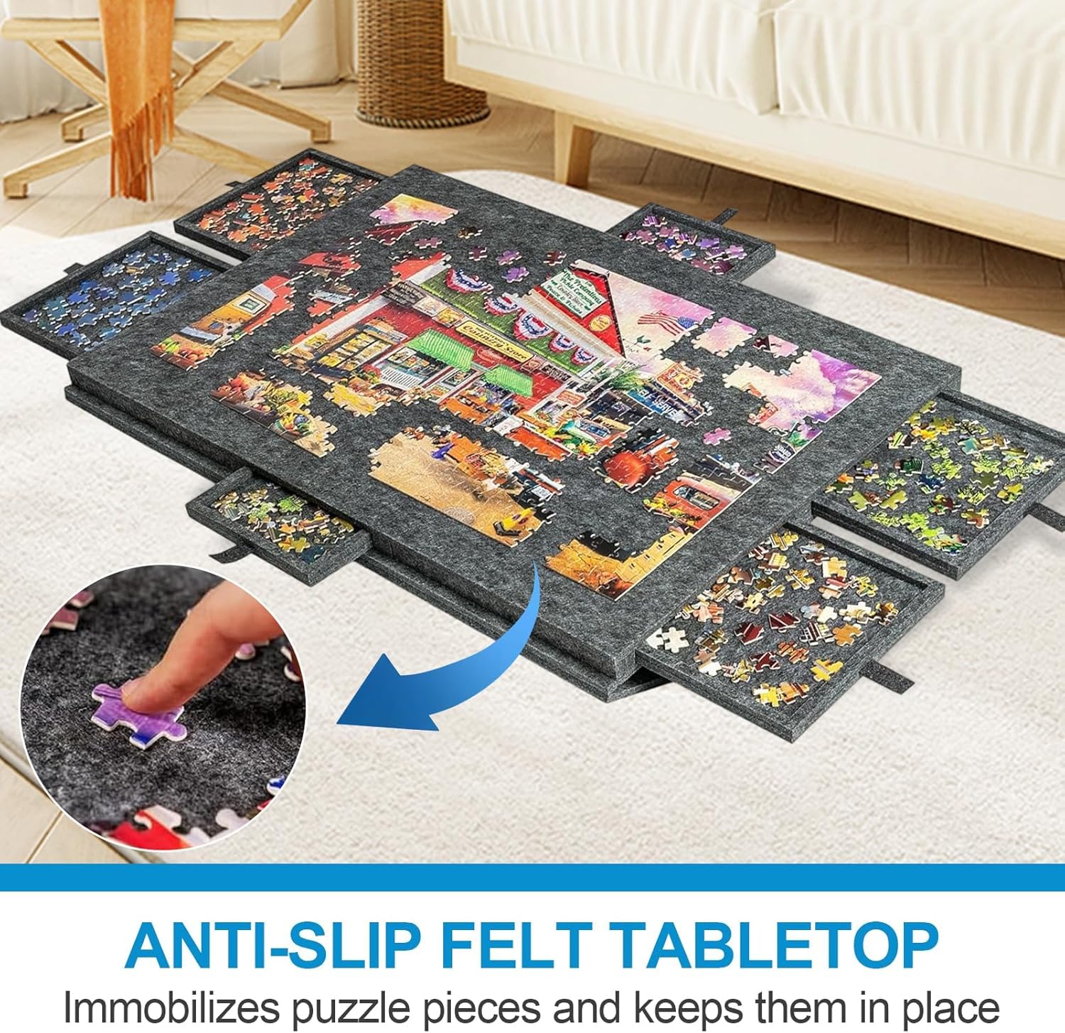 Table de puzzle inclinable, table de puzzle portable avec 6 tiroirs, planche de puzzle pour jusqu'à 1000 pièces, planche de puzzle avec support 2 en 1 et couvercle, feutre léger, accessoires de table