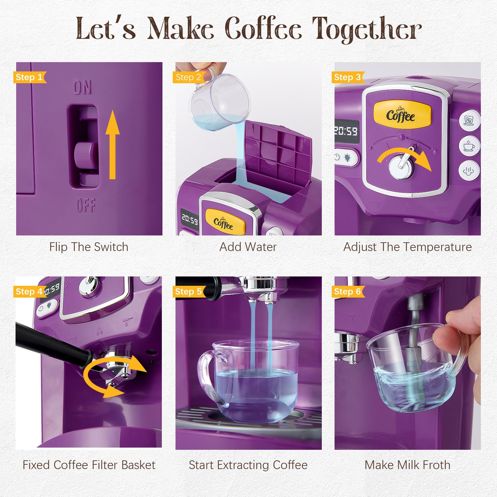 Machine à Café pour Enfants avec Son & Lumière & Fonction Eau & Desserts Imités - Jouet de Jeu de Rôle - Cadeau d'anniversaire pour Filles et Garçons à partir de 3 Ans