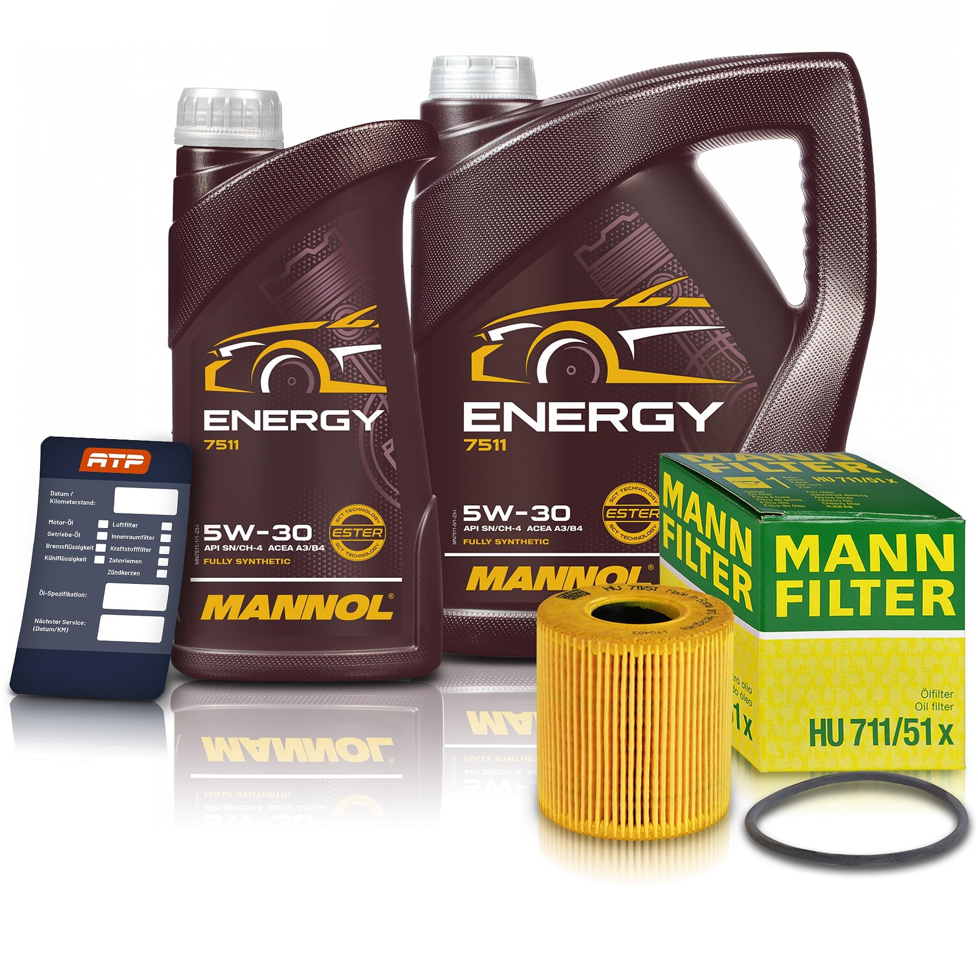 BESTPRICE Inspektionspaket Ölwechsel Filterset 1x MANN-FILTER Ölfilter 1x MANNOL Motoröl 5W-30 ENERGY 6L, 1x MANNOL 1x Ölwechselanhänger