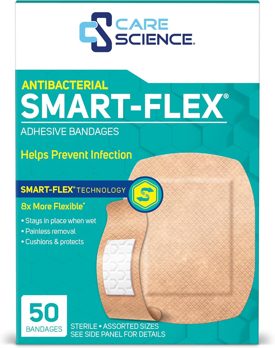 Vendajes adhesivos de tela Care Science Smart-Flex, tamaños variados, 50 unidades | Protección flexible + transpirable para primeros auxilios y cuidado de heridas.