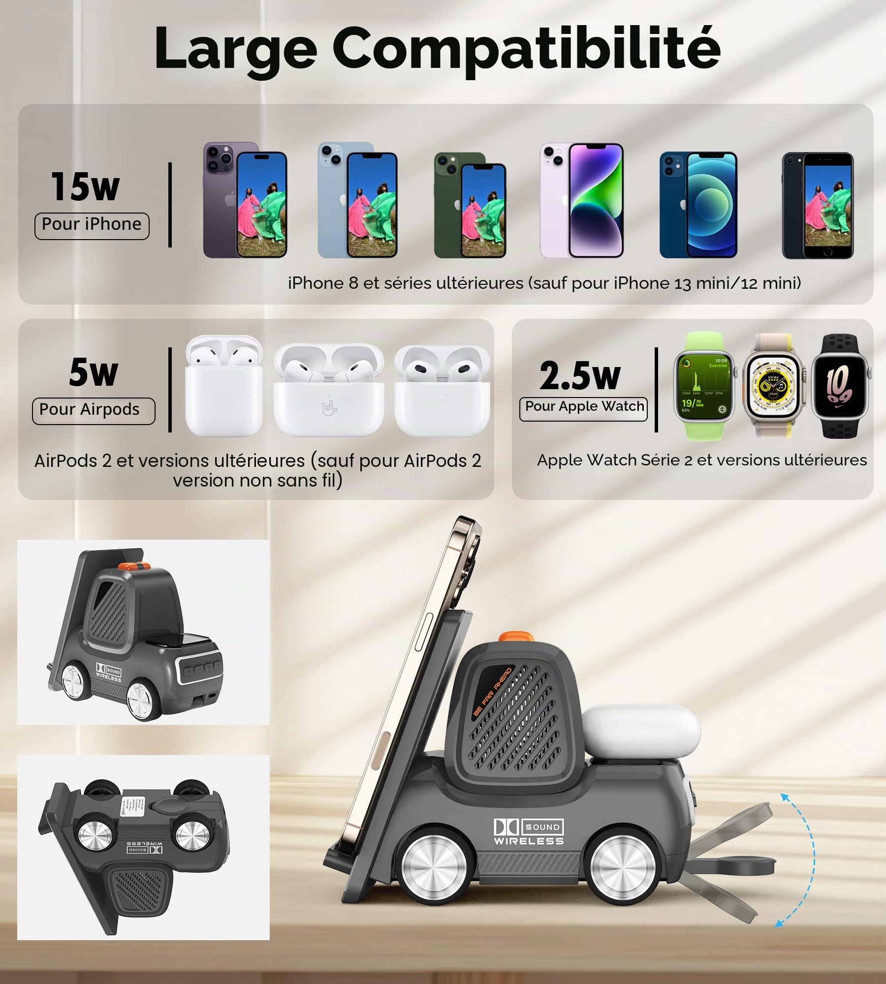 Station de charge sans fil pour chariot élévateur avec haut-parleur Bluetooth, chargeur rapide sans fil 4 en 1 pour plusieurs appareils, compatible avec iPhone 16 15 14 13 Pro Max Series, Apple iWatch