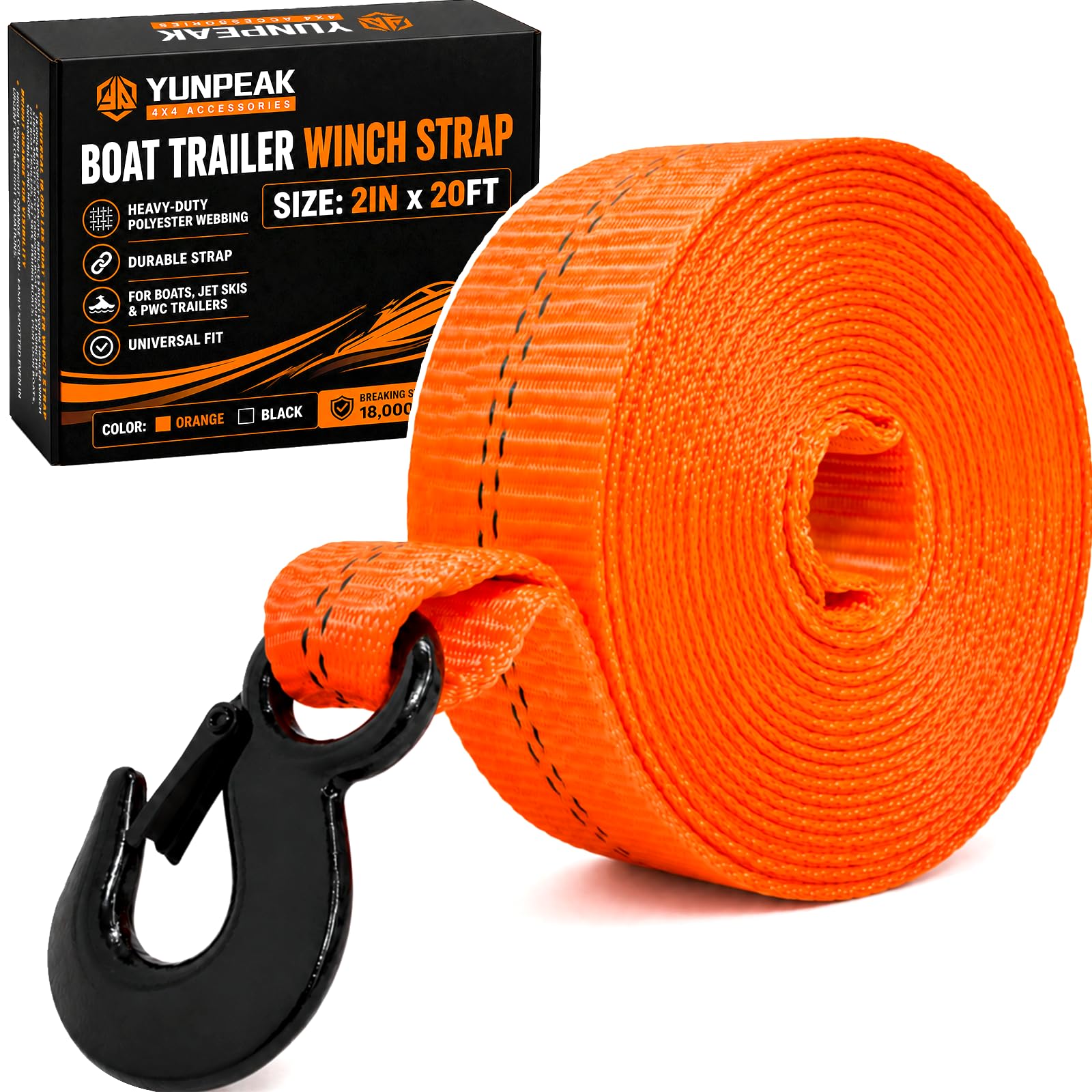 Heavy Duty Boat Winch Strap with Hook (2" x 20ft) - 18,000lbs