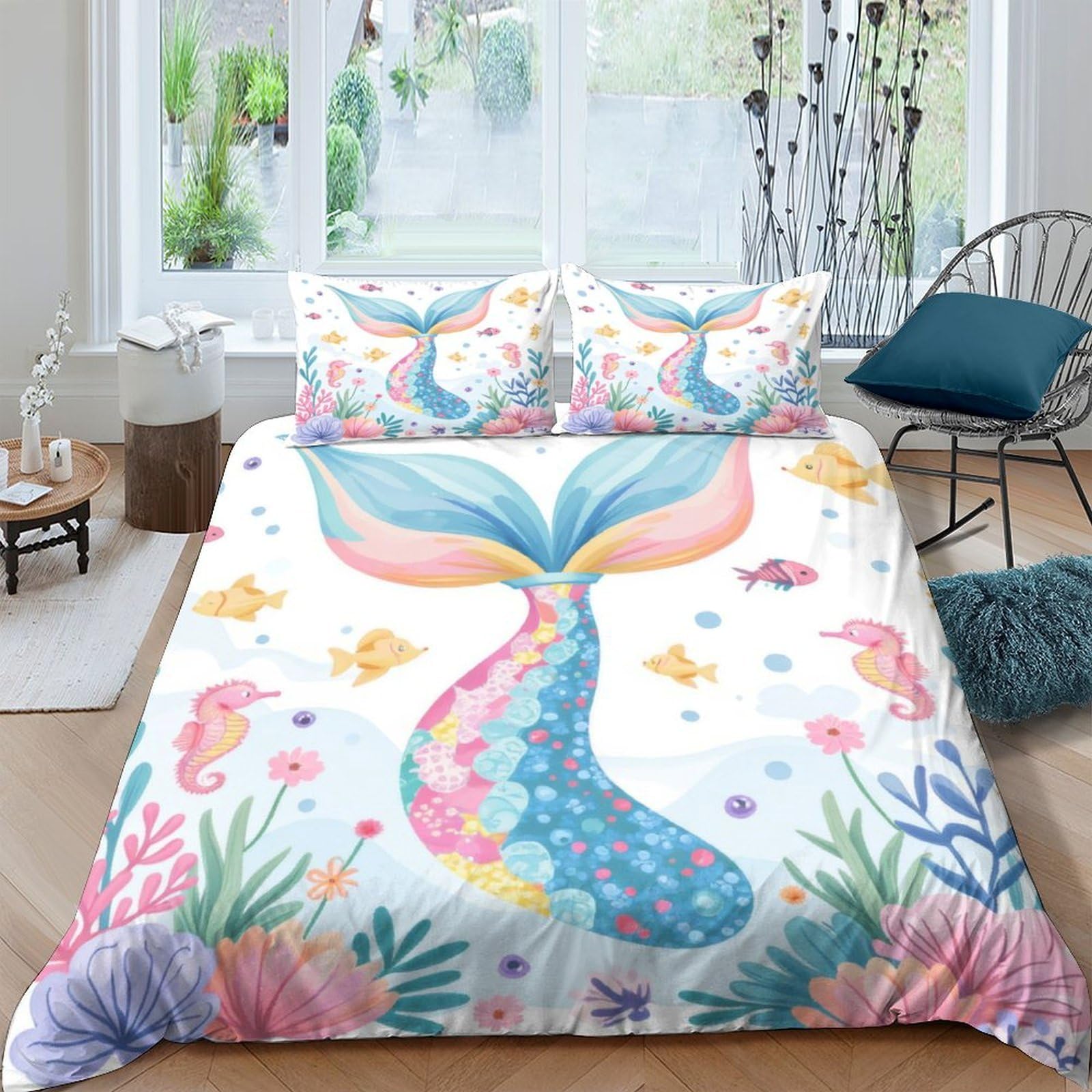 GPLZQXKJNH 3D Printed Mermaid Tail Duvet Cover Microfiber Soft Breathable Ocean Fantasy Bedding Set with 2 Pillowcases for Bedroom Decor 110 Single（135x200cm）