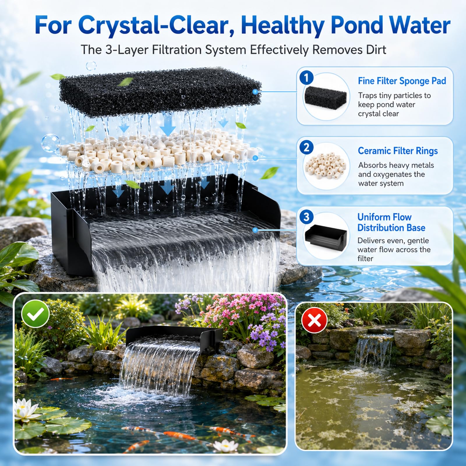 30 cm Wasserfall teich Set, mit 45w 2000L/H Wasserfallpumpe & Filterkäfig, Edelstahl-Wasserfall mit LED-Leuchten in 13 Farben, Außen-Wasserspiel für Außengartenteiche und Hinterhof-Wasserspiele