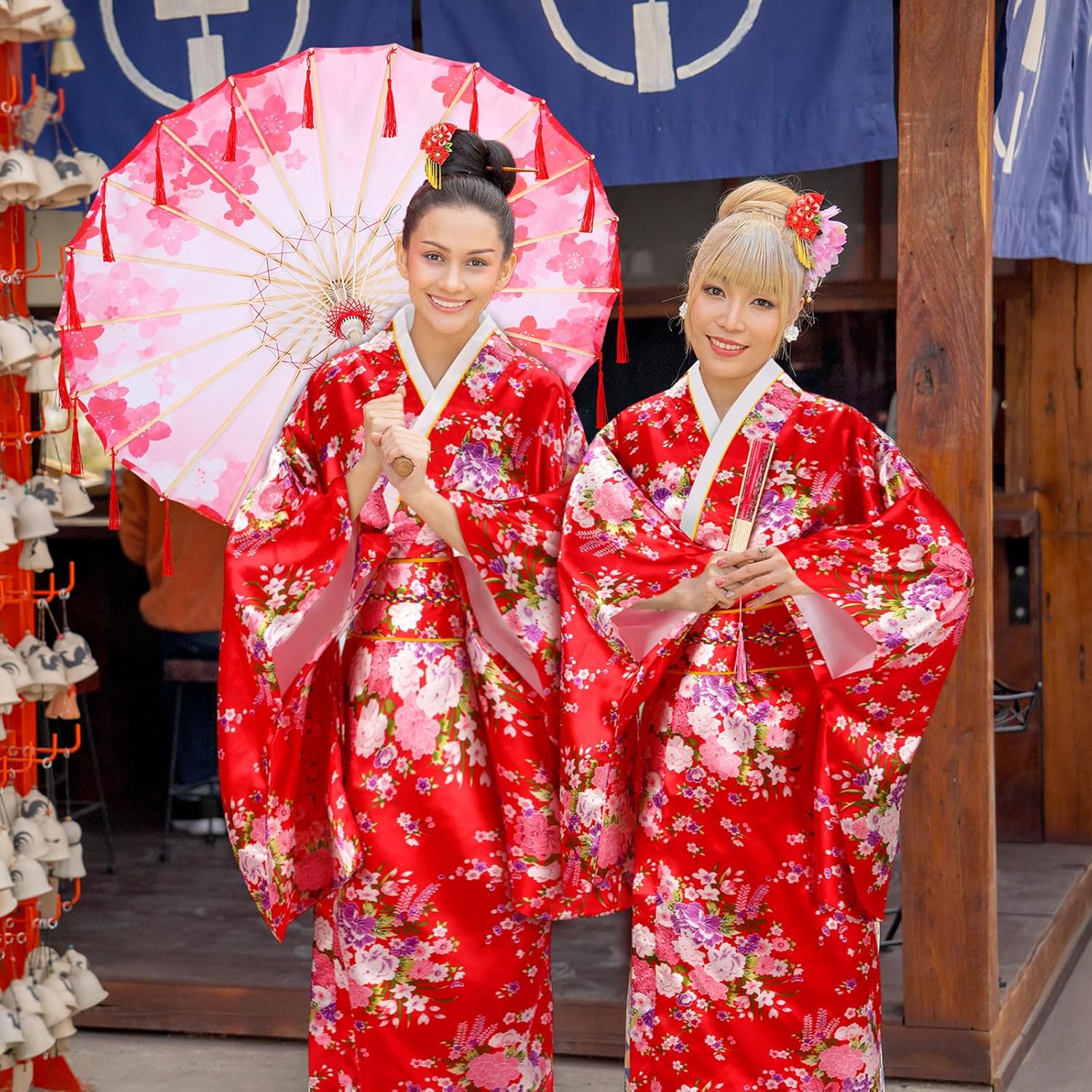 Red Japanese Kimono Robe for Women Floral Sakura Satin Geisha Yukata Dress Accessories with Umbrella - Image 5