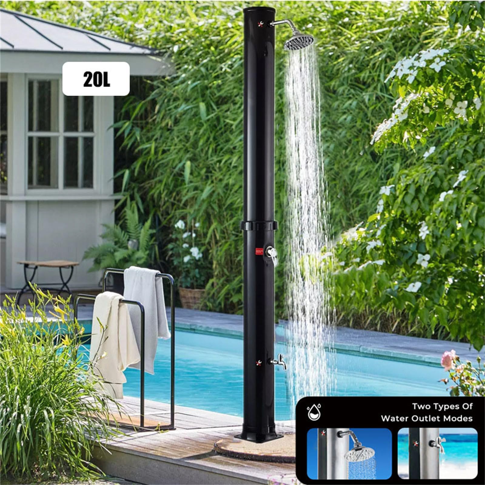 Douche solaire chauffante d'extérieur de 2,1 m pour piscine, arrière-cour et plage – Colonne de douche facile à installer avec robinet de tête et de pied, idéale pour une utilisation au spa et à la