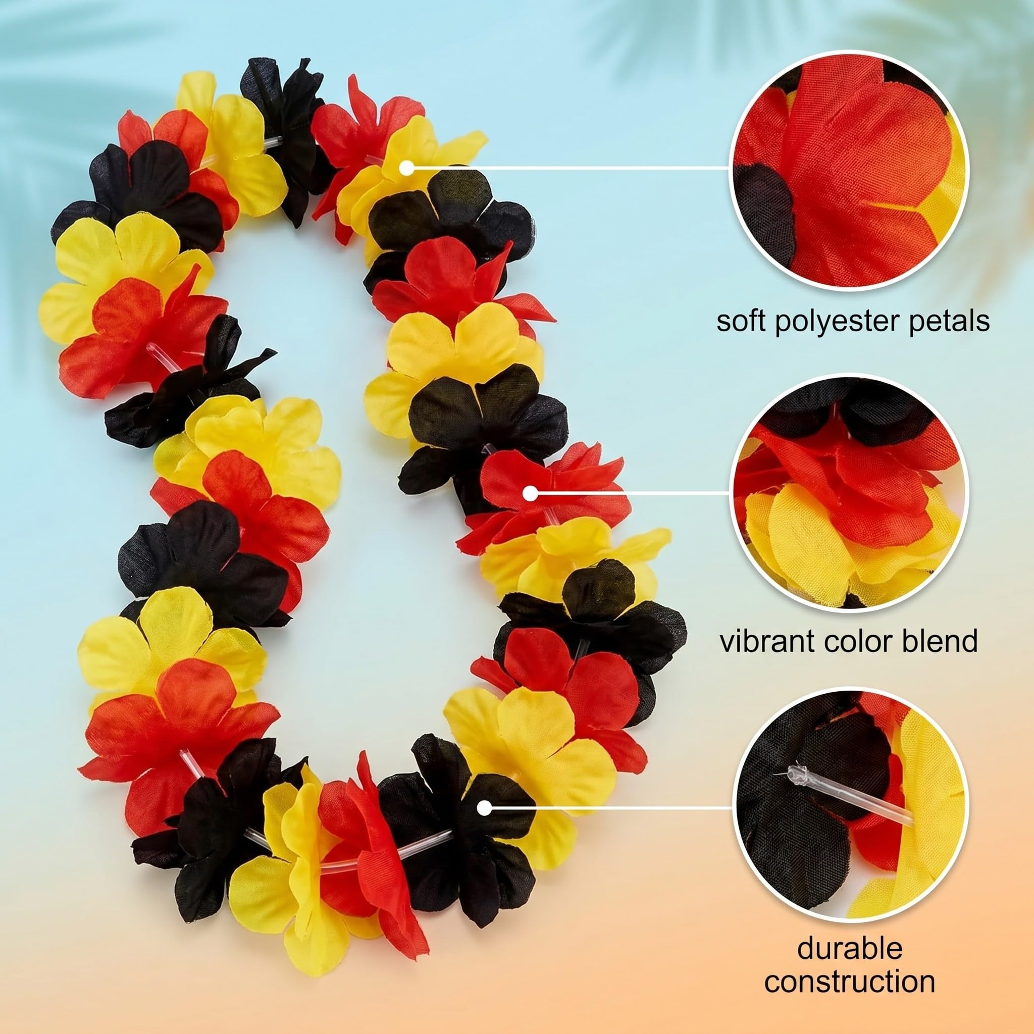 Lot de 6 Colliers Hawaïens de Fleurs Noir Rouge Jaune, collier de fleurs 96cm pour supporters de football, accessoire de fête pour matchs et soirées à thème sportif en polyester
