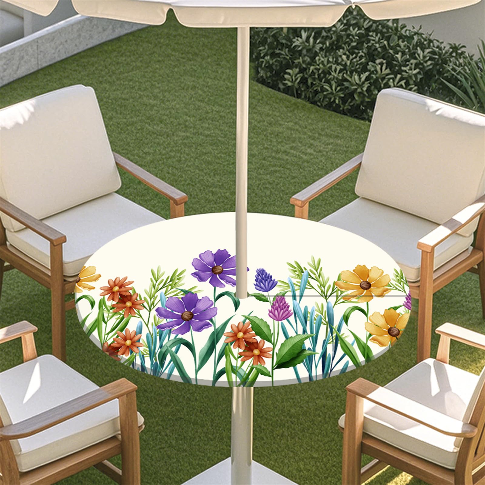 Fasbuy Outdoor Round Tablecloth with Parasol Hole and Zipper, Table Cloth Waterproof Antifouling, 3D Floral Pattern Table Cloth Wipe Clean, Elastic Edge Garden Tablecloths (Garden,36-44inch)