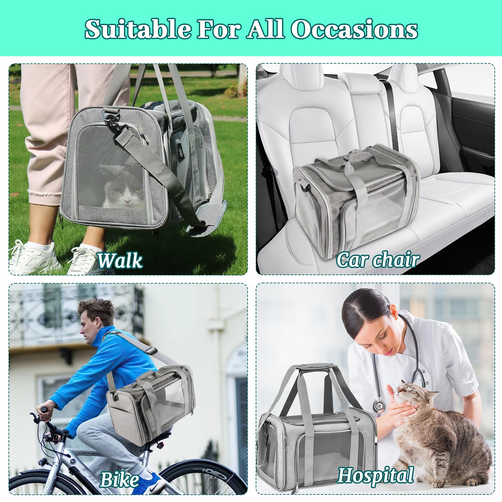 Sprifityy Sac de Transport pour Chat d'Extérieur Pliable et Respirant, Caisse Avec Matelas Souple pour Chat et Chien, Voyage en Train/Voiture (Gris, 45x30x30 cm)