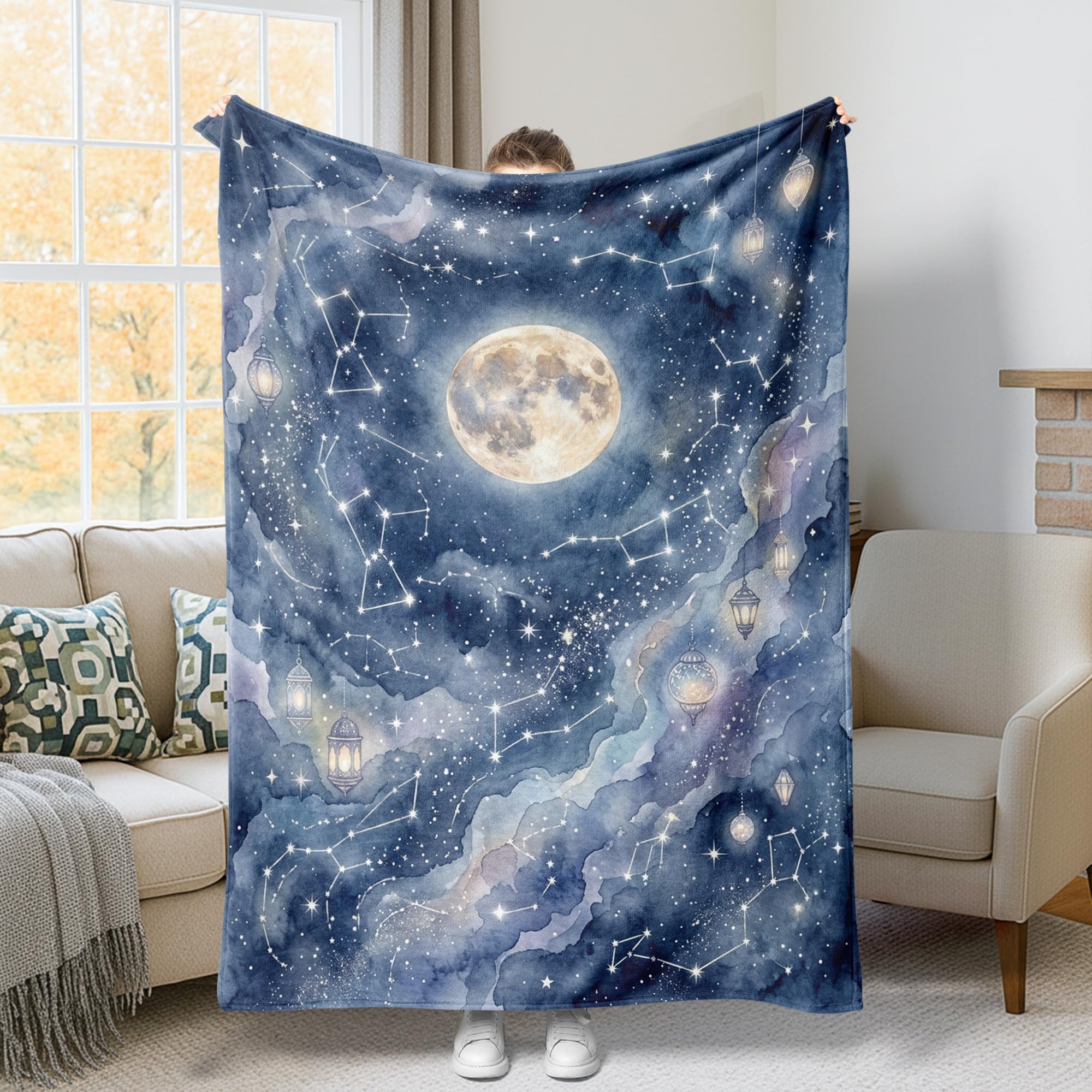 Jeté de lit en fourrure lune et constellations bleu marine 152x203 cm