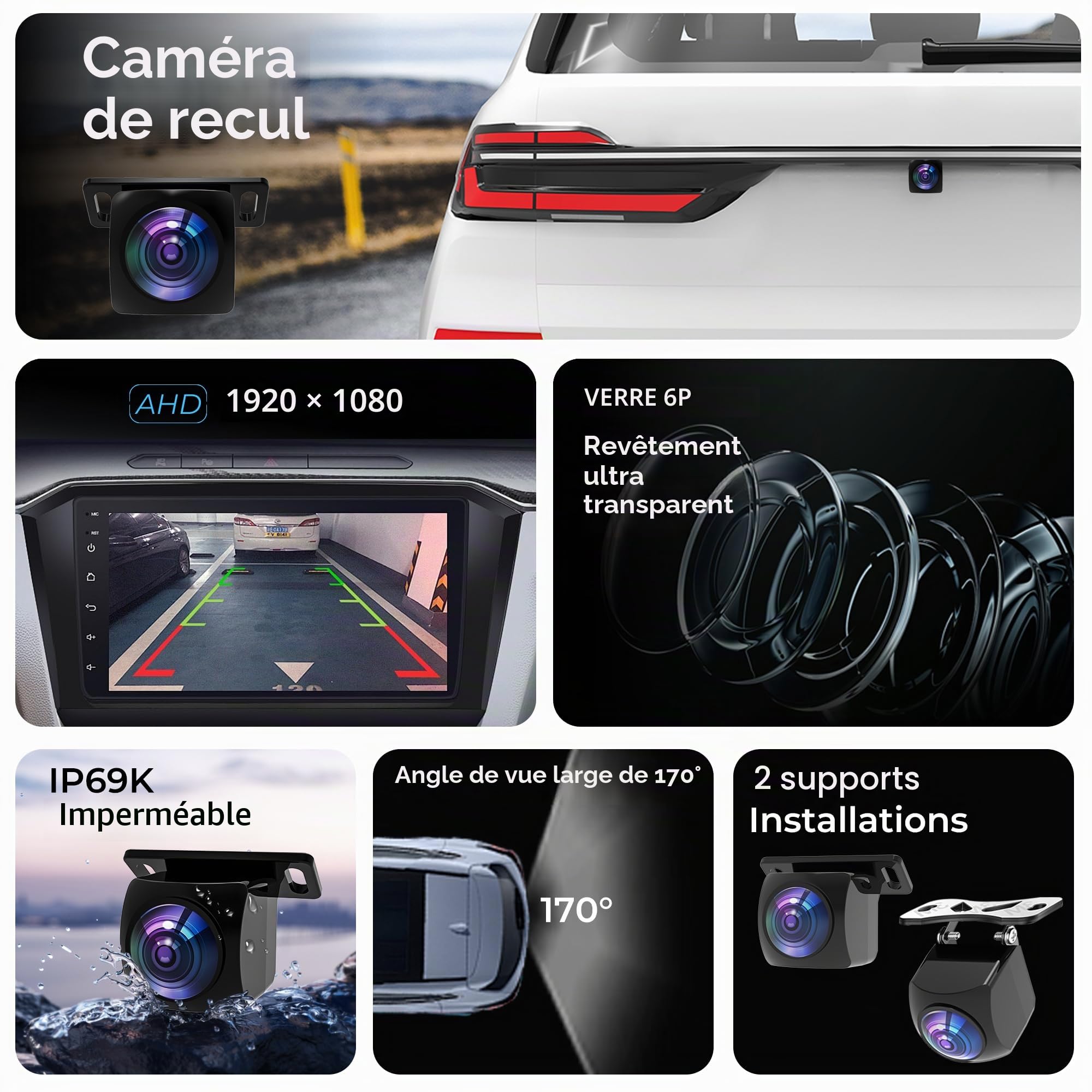 Caméra de recul AHD 1080P pour voiture, Caméras de recul pour voiture à installer 170° grand angle avec vision nocturne IP69K étanche, Caméras de recul universelles pour camping-car, SUV, pickup