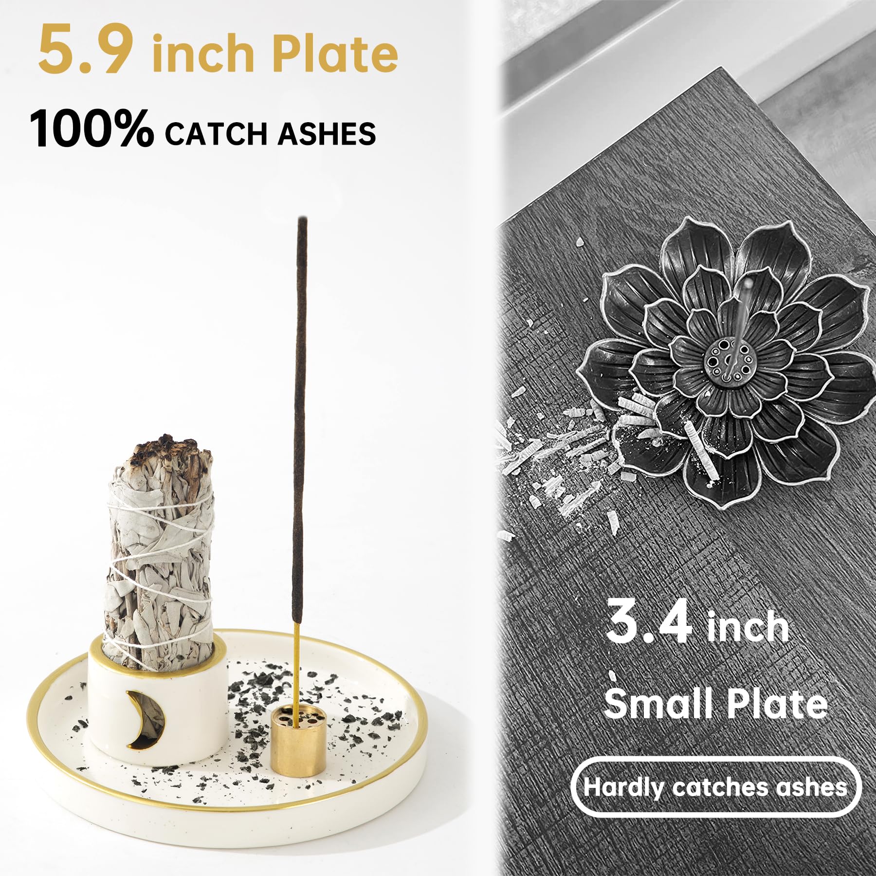 IVWOXO Incense Holder, 5.9 ince Incense Burner, Holder for Sticks, Ceramic Ash Catcher Tray, Incense Sticks, Palo Santo, Sage Holder (Gold)