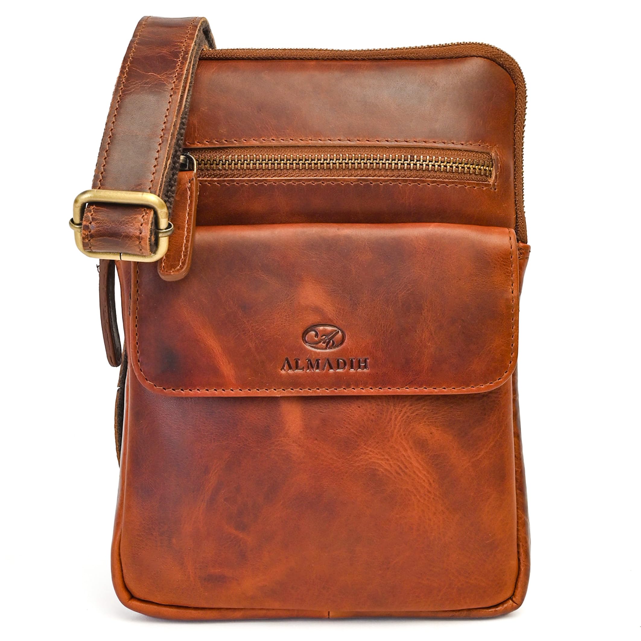 ALMADIH moderne kleine Leder Umhängetasche Herren für Tablet & iPad – RICK braun Vintage - Kompakte Ledertasche für Reisen & Alltag Messenger Schultertasche Freizeittasche Tablet Herrentasche