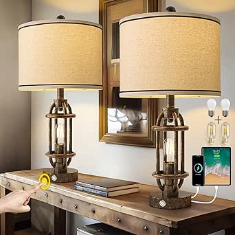 24" Farmhouse Table Lamp With USB A+C Ports - Touch Dimmable Industrial Bedside & Living Room Lamp, Bulbs Included