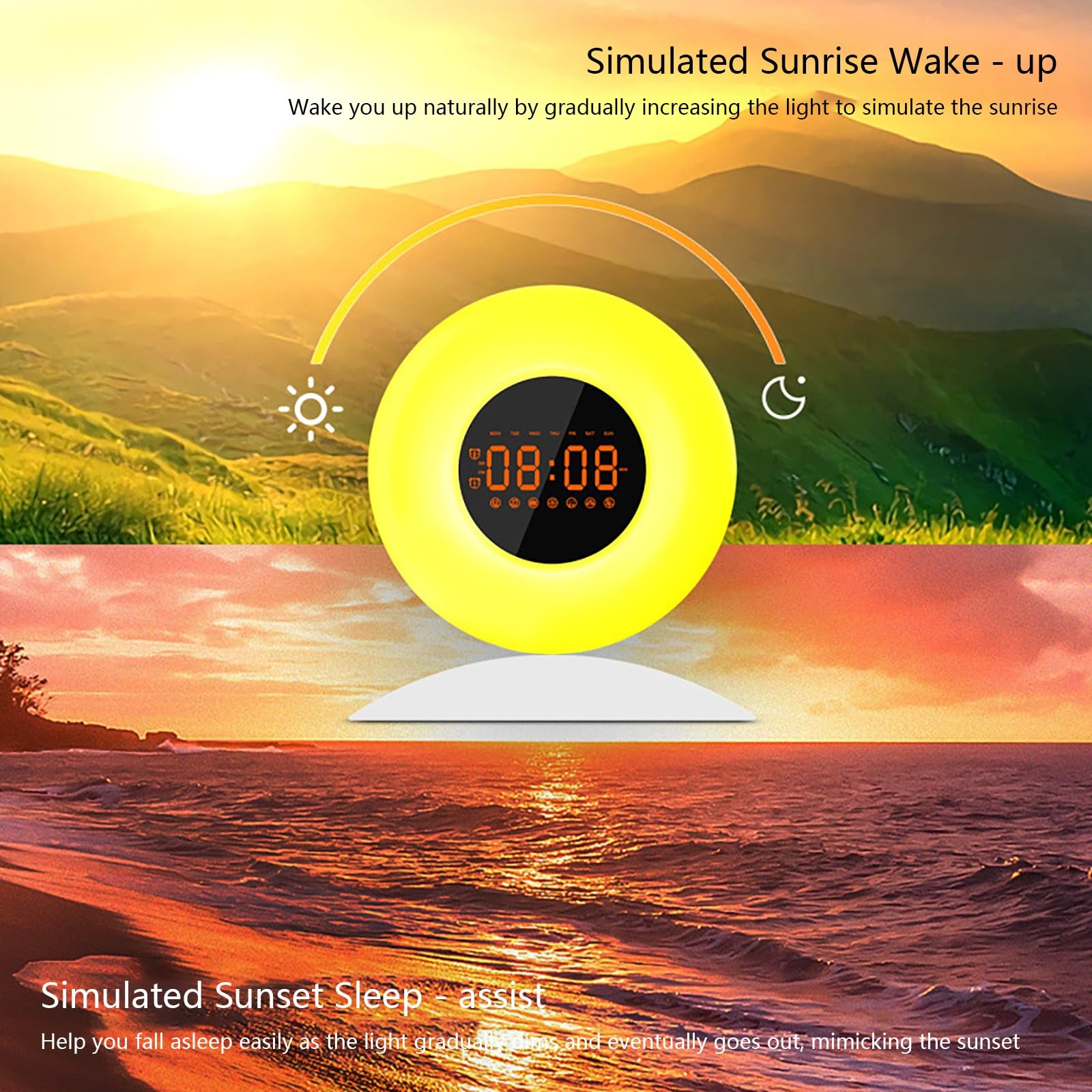Despertador con Luz De Amanecer, Simulación Suave Del Amanecer y Atenuación Del Atardecer, 8 Sonidos Naturales De Ruido Blanco, Función De Repetición para Relajarse
