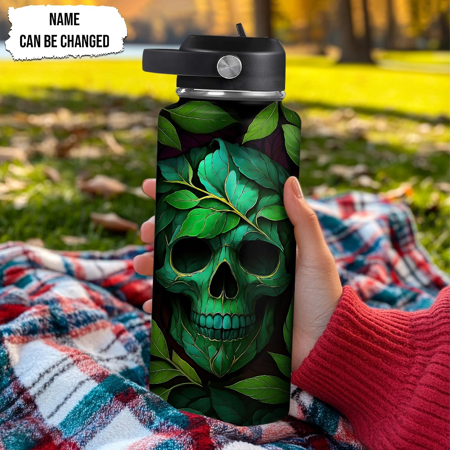 Hyturtle Personalized Skull Water Bottle - Travel Insulated Stainless Steel Bottle with Leak-Proof Lid 18 oz 32 oz - Skull Gift for Women Girls Skull Lover With Floral On Birthday Christmas