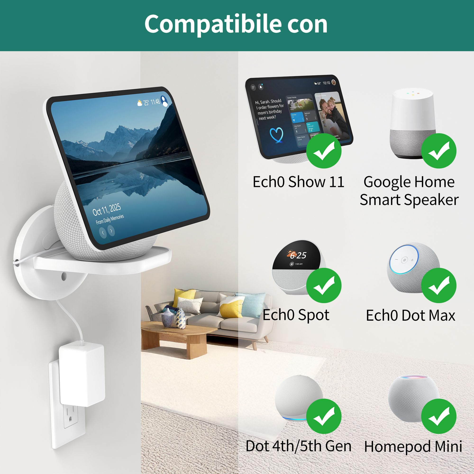 HomeMount Supporto da Parete per Show 11 e Dot Max, Supporto Universale per HomePod Mini, Google Nest Mini, Nest Wi-Fi Point & Cam – Salvaspazio con Gestione Cavi Integrata (Bianco - 1P)