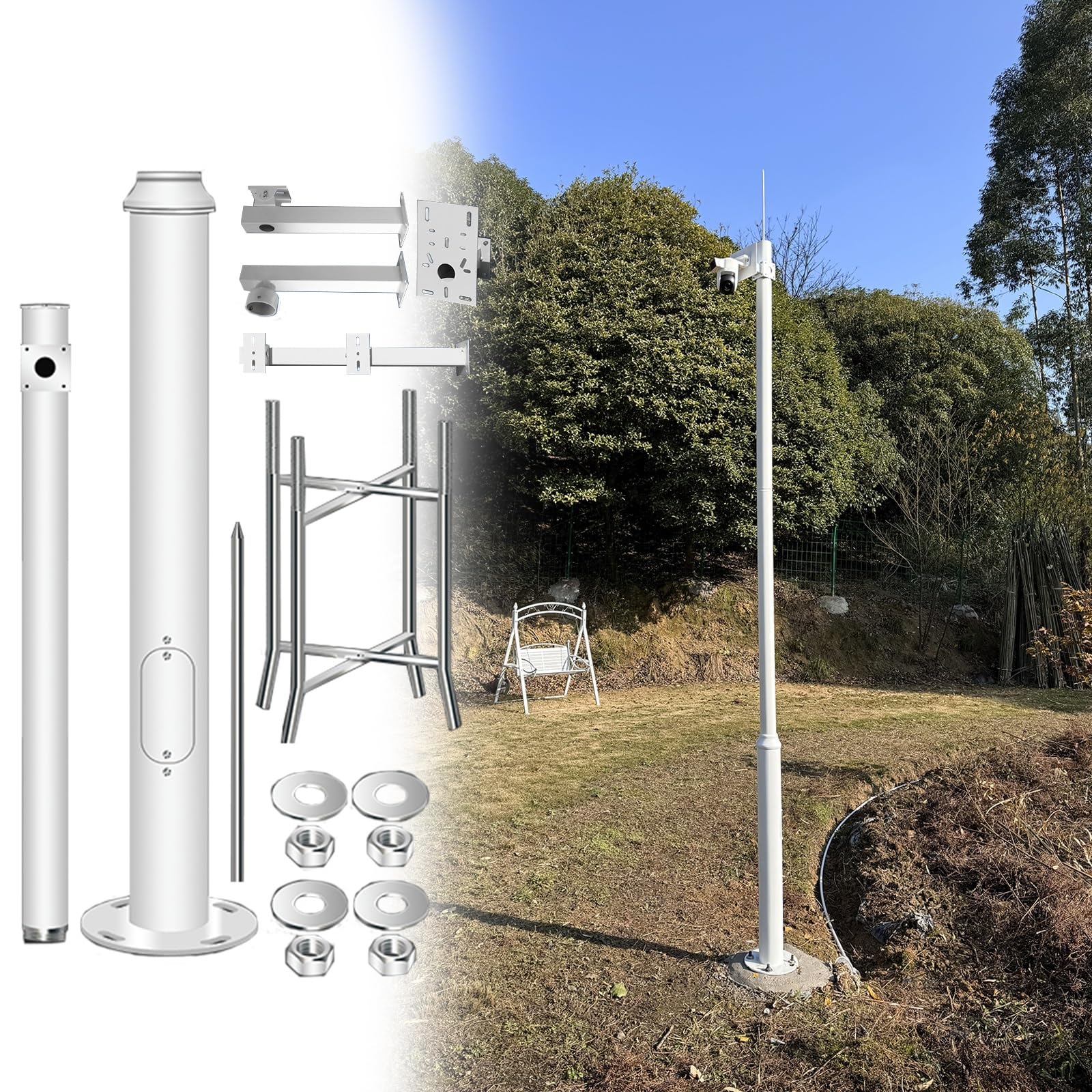 MRVAKDYDI Weatherproof Steel Surveillance Post, CCTV Pole Mount with Box & Wire Holes & Solar Light, White, 200-600cm Height(550cm (3 Sections) H)