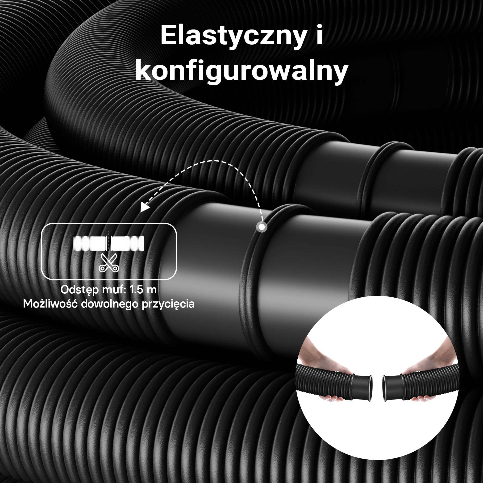 Wiltec Wąż do basenu o długości 15 m, Ø 32 mm czarny wąż ssący do pompy basenowej z mufami, wąż solarny - Made in EU