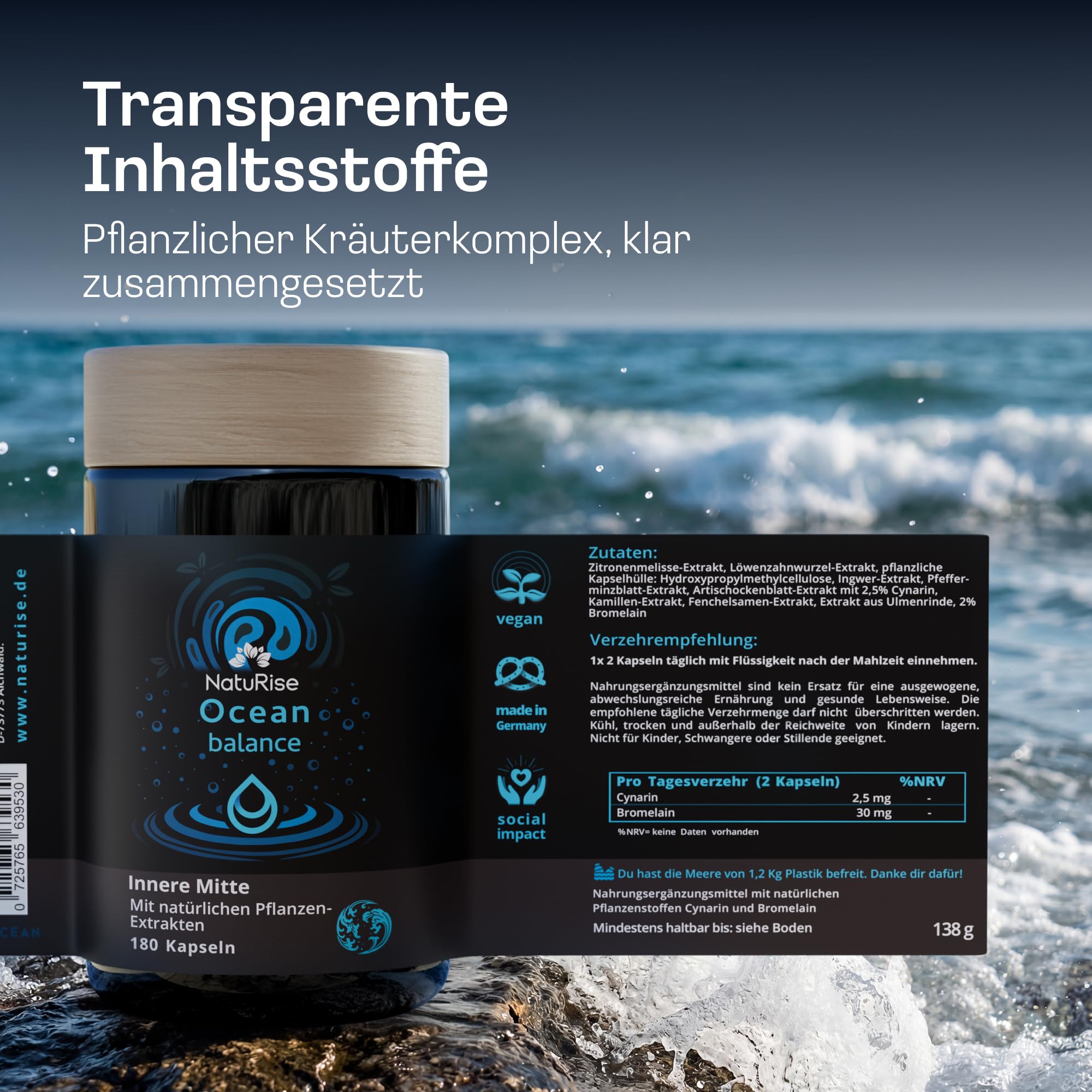 NatuRise® Ocean Balance Innere Mitte [180 KAPSELN] - Premium Supplement mit Bitterstoffen & 9 Pflanzenextrakten - Mit Artischocke, Löwenzahn, Ingwer & Fenchel - Laborgeprüft, Vegan & Ohne Zusätze