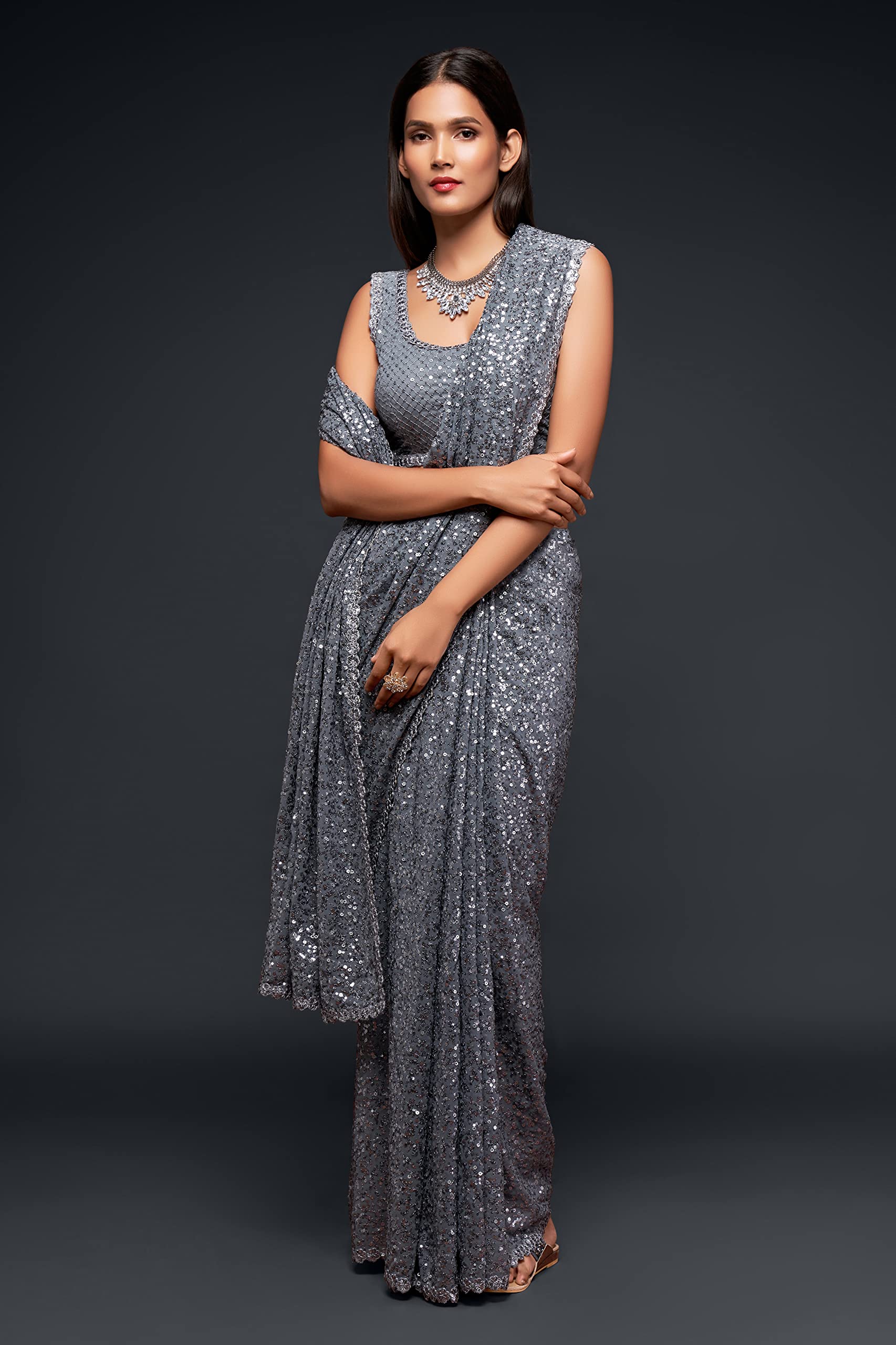 Zeel Clothing Women's Grey Sequins Work Heavy Georgette Saree with Blouse (1007-Slate-Grey-Sequins-Party-Saree, Slate Grey) 2