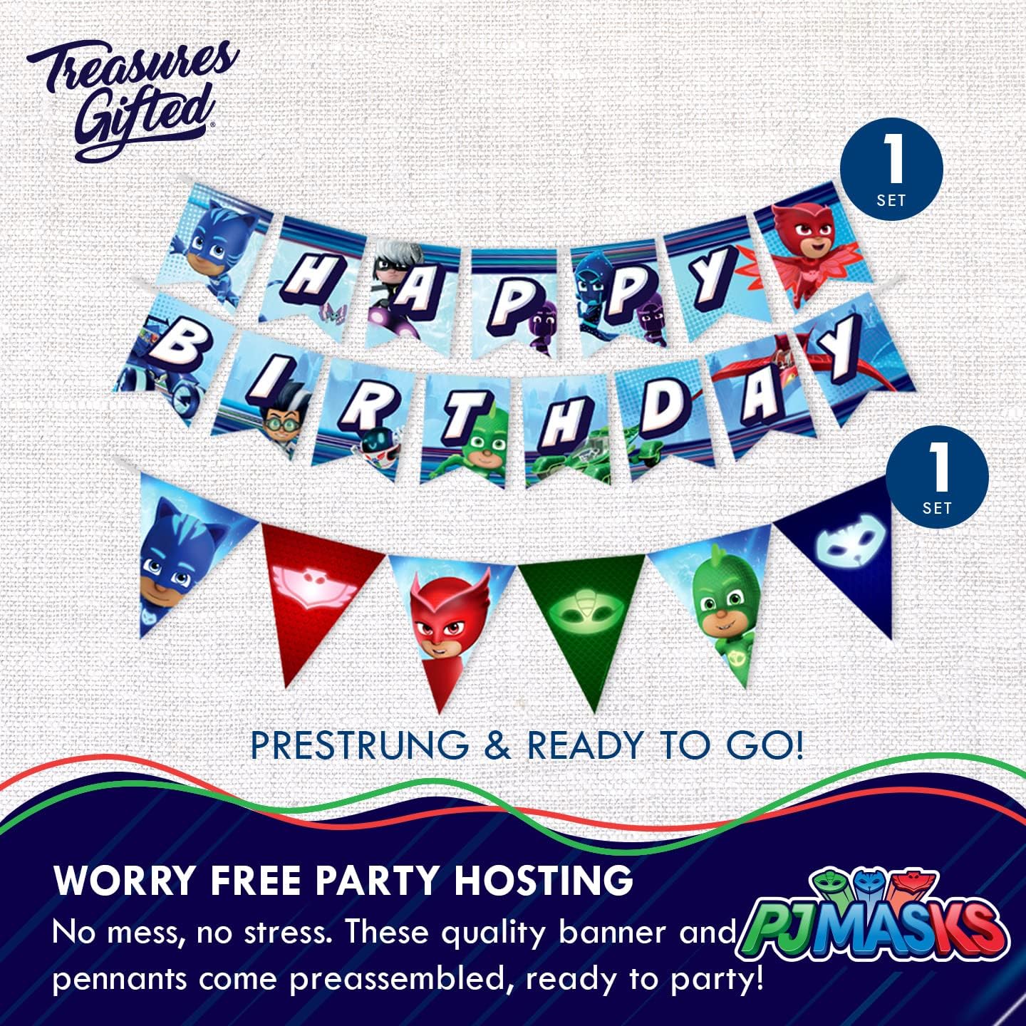 Treasures Gifted Officially Licensed PJ Masks Birthday Party Supplies - Serves 16 Guests - Complete Set with PJ Masks Decorations, Plates, Banner & More