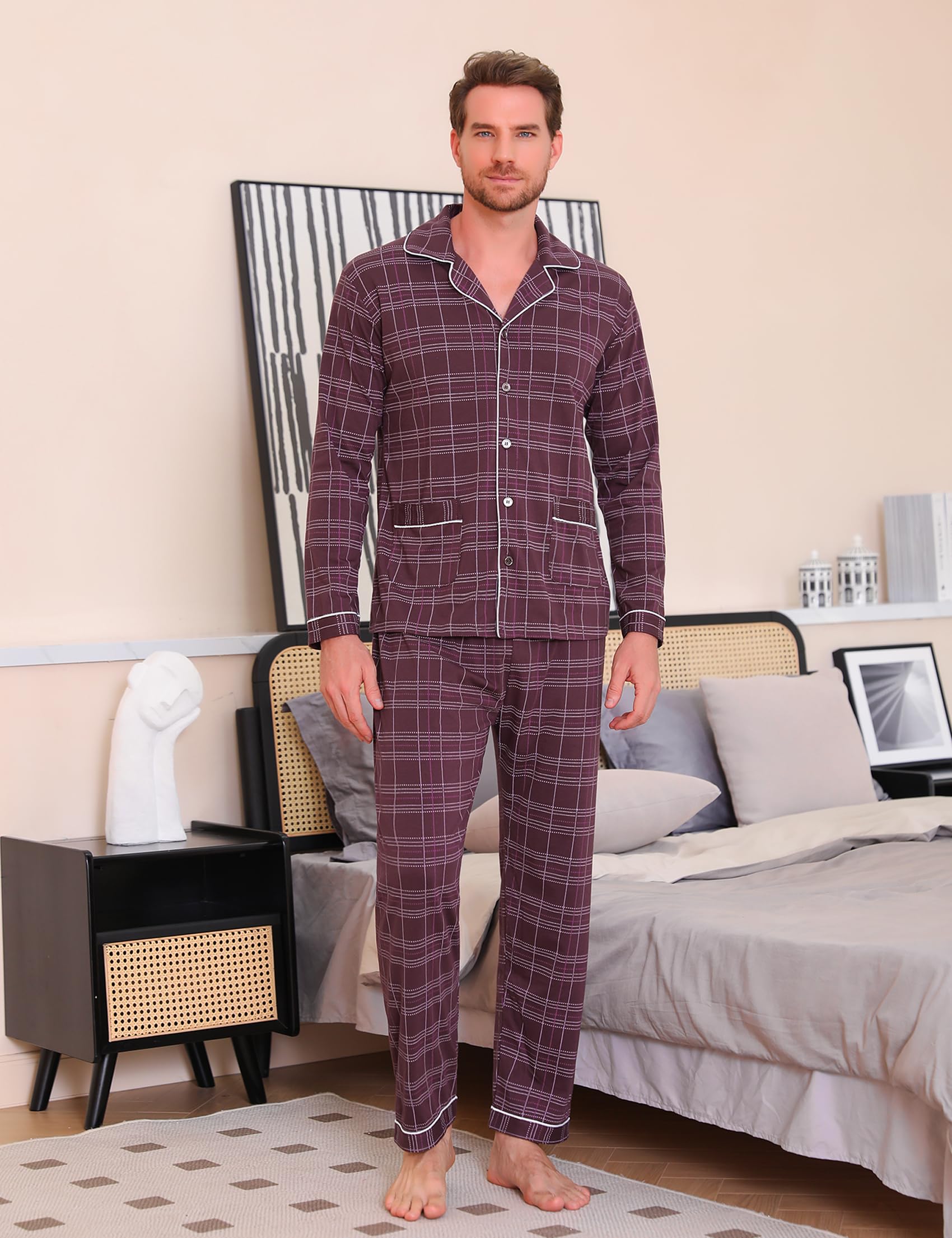 iClosam Pigiama Invernale Uomo Cotone Pigiama da Uomo Quadri o Righe Pigiami Due Pezzi da Uomo Colletto V Pigiama Uomo Lungo con Tasche Laterali Caldo e Morbido S-XXL