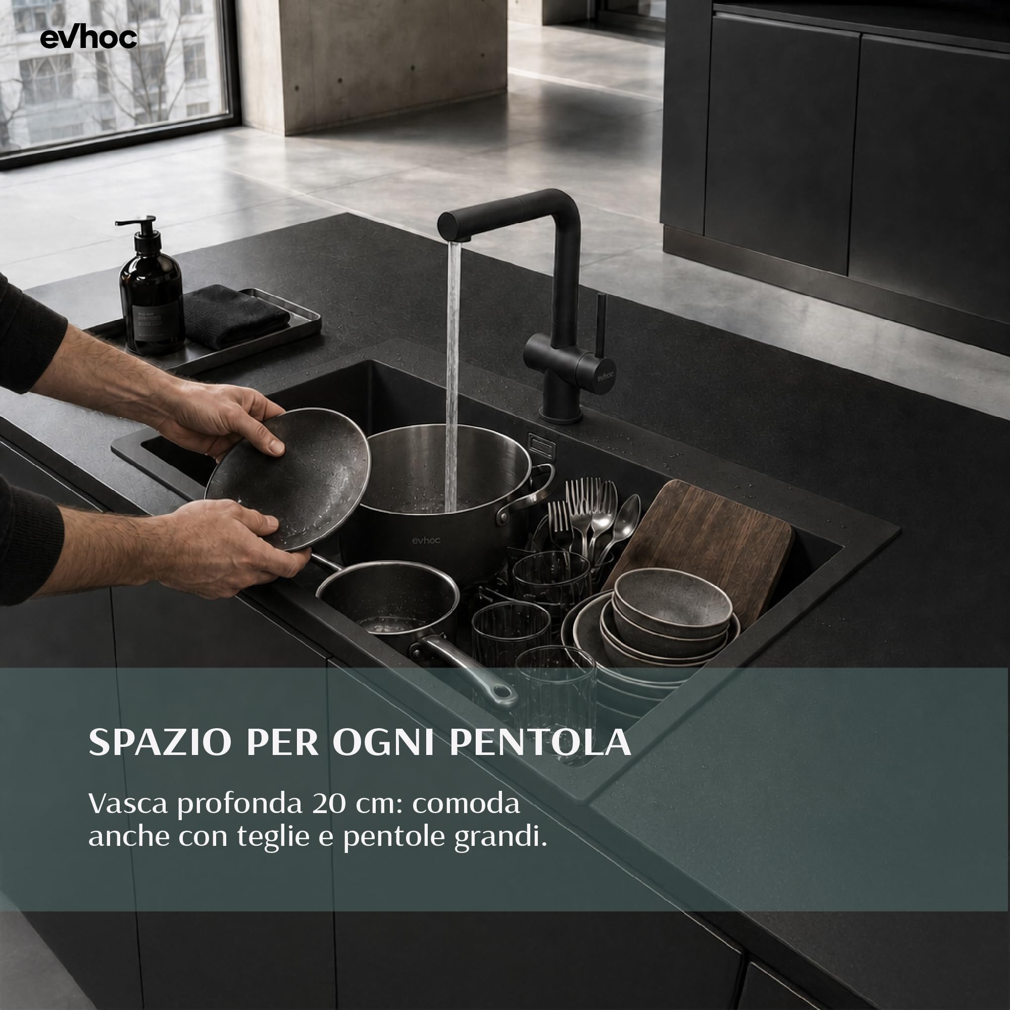 EVHOC Lavello Cucina Sopratop 1 Vasca 86x50 cm, Nero, NHEO XXL