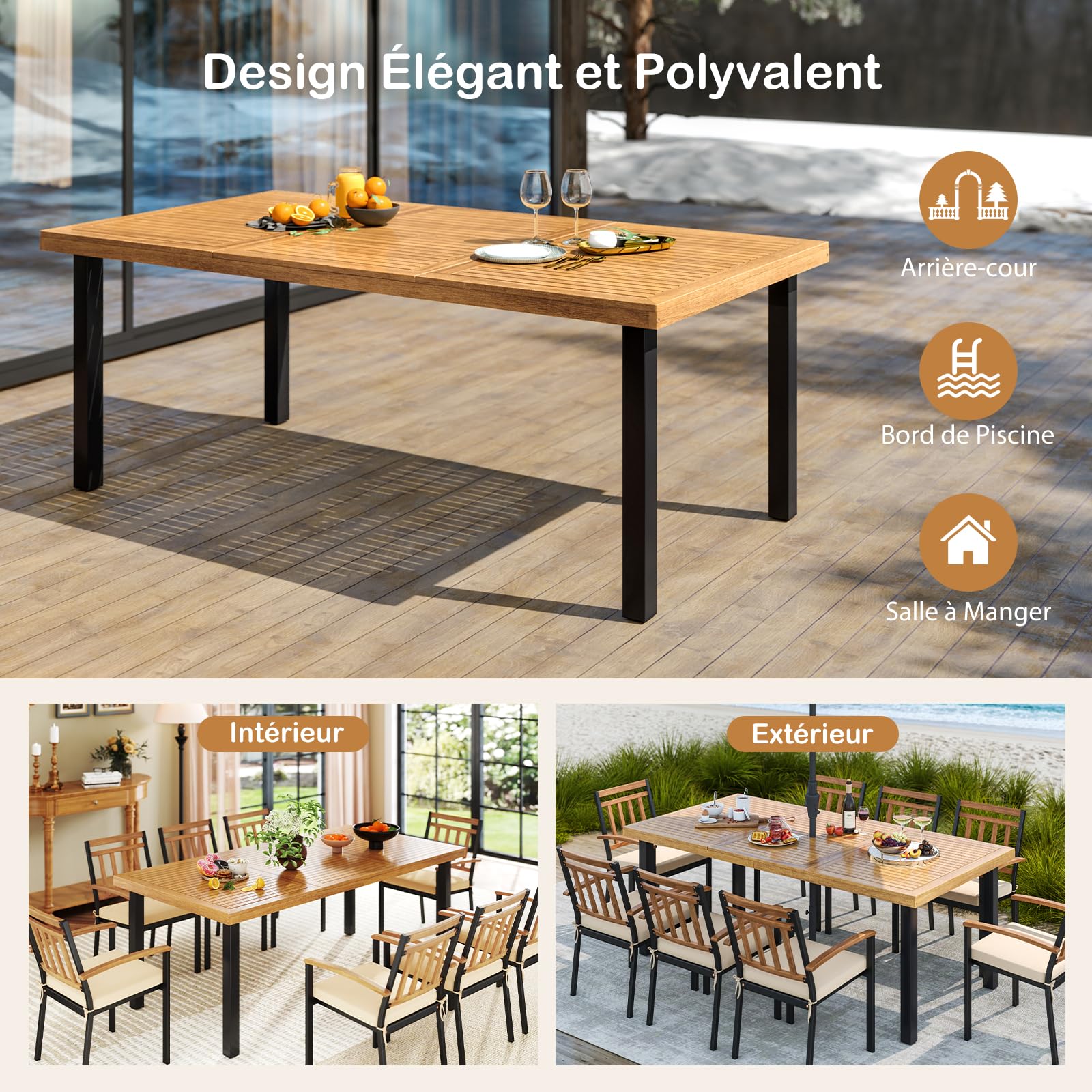 GOPLUS Table de Salle à Manger en Bois d'Acacia FSC 200 x 100 x 75 cm pour 8 Personnes avec Trou pour Parasol
